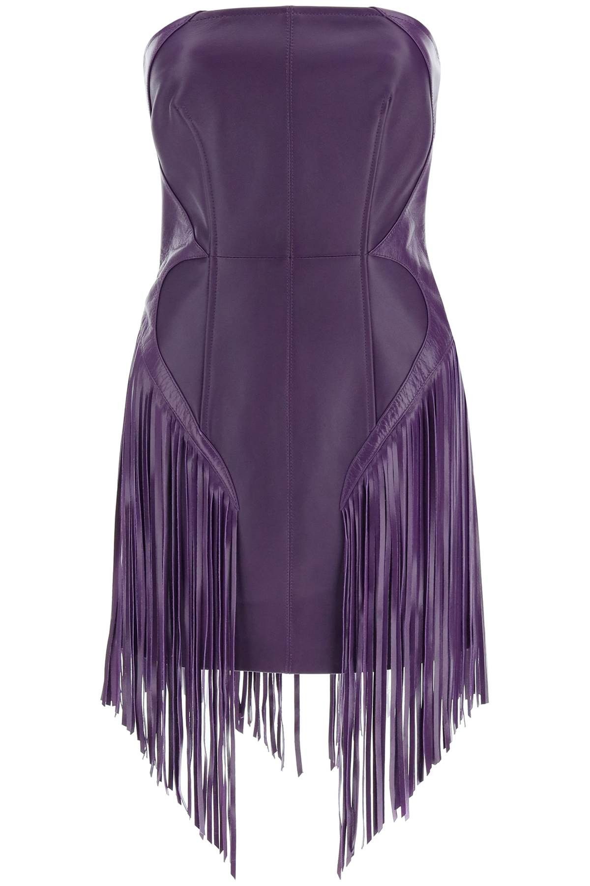 image of Versace Fringed Leather Minidress in Bright Dark Orchid, Women's (Size Small)