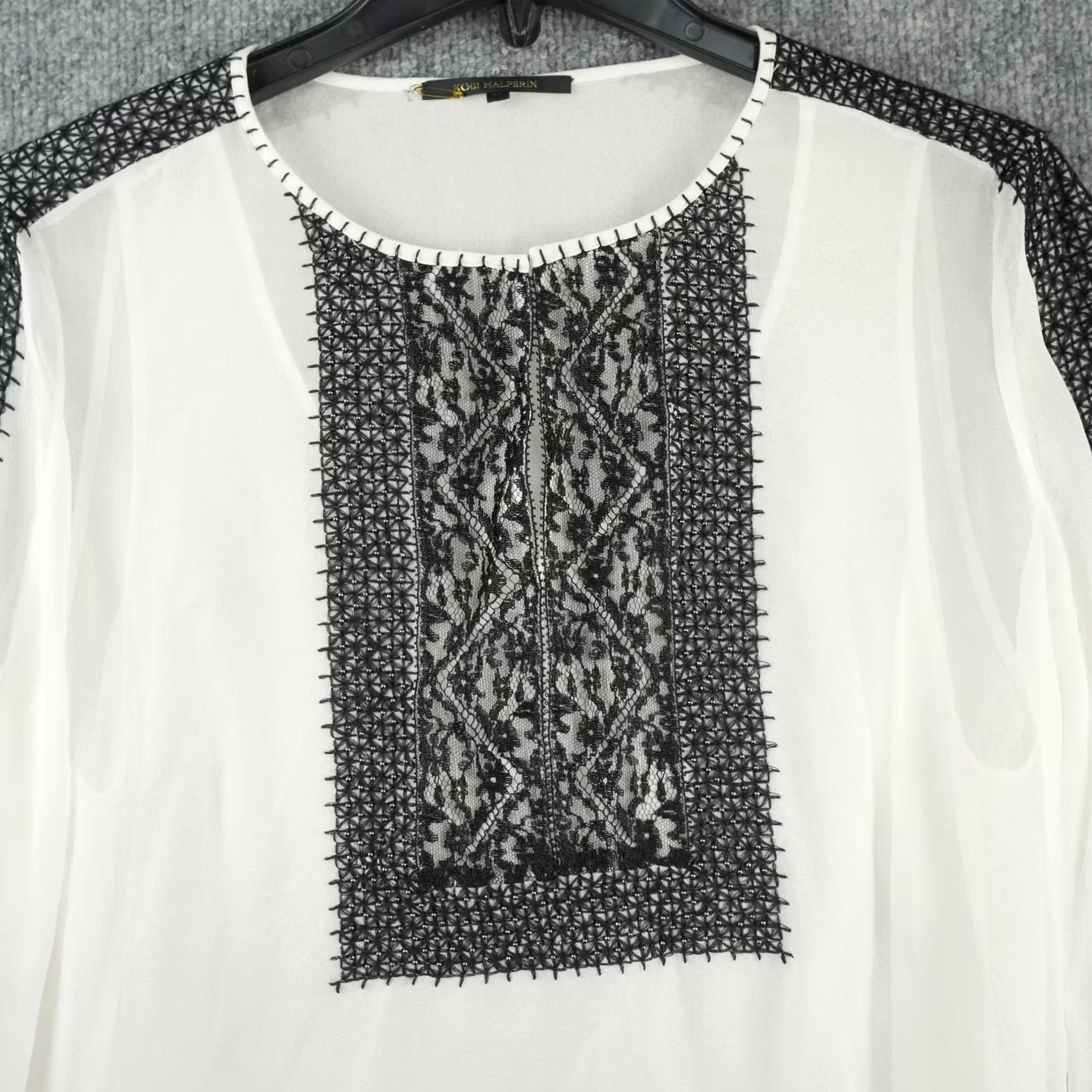 KOBI HALPERIN Kobi Halperin Blouse Womens Medium White Black Silk Lace Sheer Top Boho Size M / US 6-8 / IT 42-44 - 2 Thumbnail