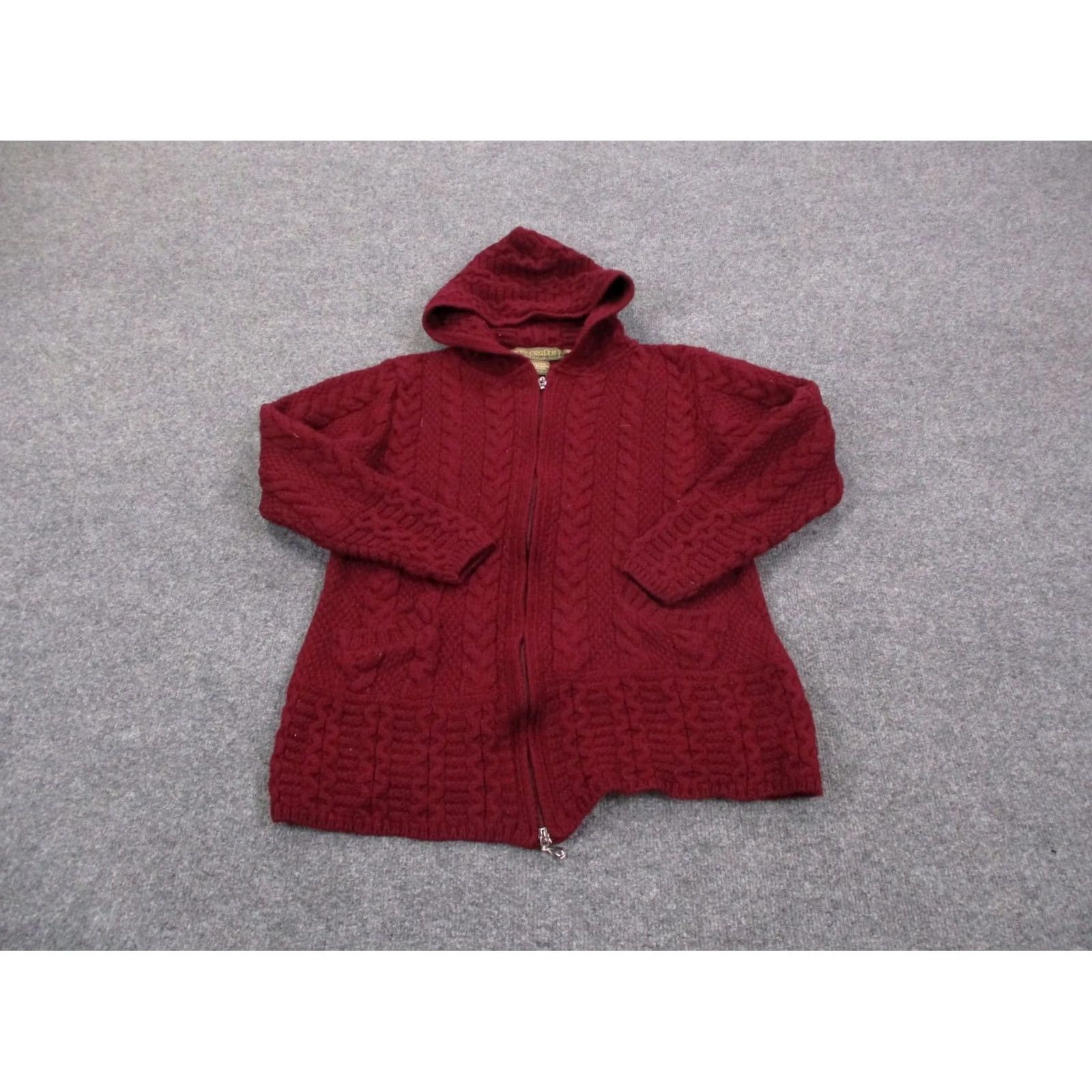 Vintage Inis Crafts Sweater Womens S Merino Wool Chunky Cable Knit Ireland Fisherman Cardigan Hooded Pockets Thermal Water Resistant Red Vintage Mens? Size S / US 4 / IT 40 - 2 Thumbnail