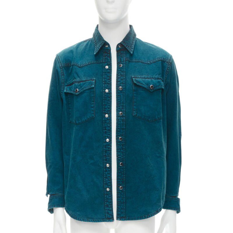 Balenciaga BALENCIAGA 2018 turquoise acid dye washed heavy cotton ripped cuff shirt EU38 S Size US S / EU 44-46 / 1 - 1 Thumbnail