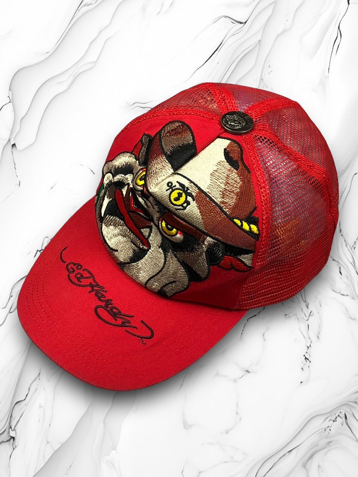 Pre-owned Christian Audigier X Ed Hardy Vintage Y2k Ed Hardy Christian Audigier Bulldog Trucker Cap In Red