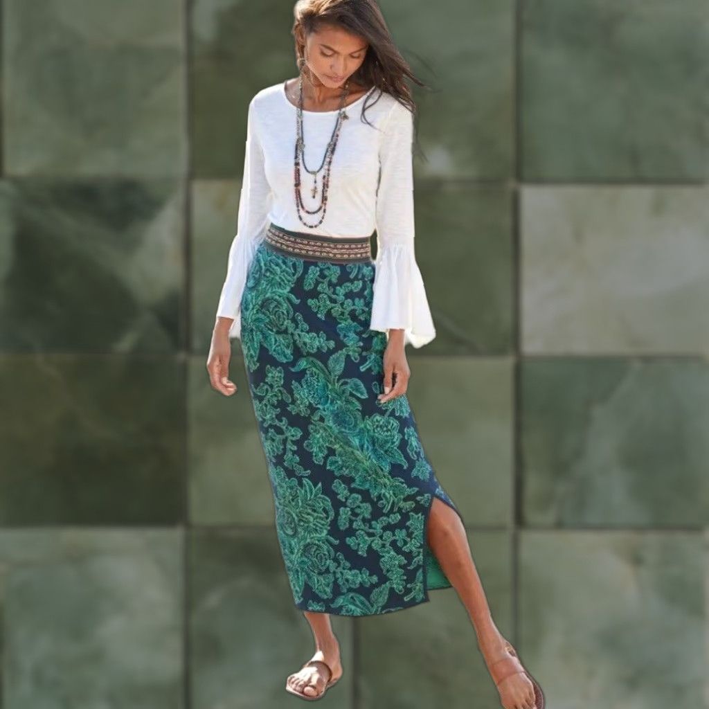 Vintage VINTAGE Peruvian Connection Women’s Skirt XS Midi Floral Knit Pima Cotton Jade Blue Green 90s Size 26" / US 2 / IT 38 - 1 Thumbnail