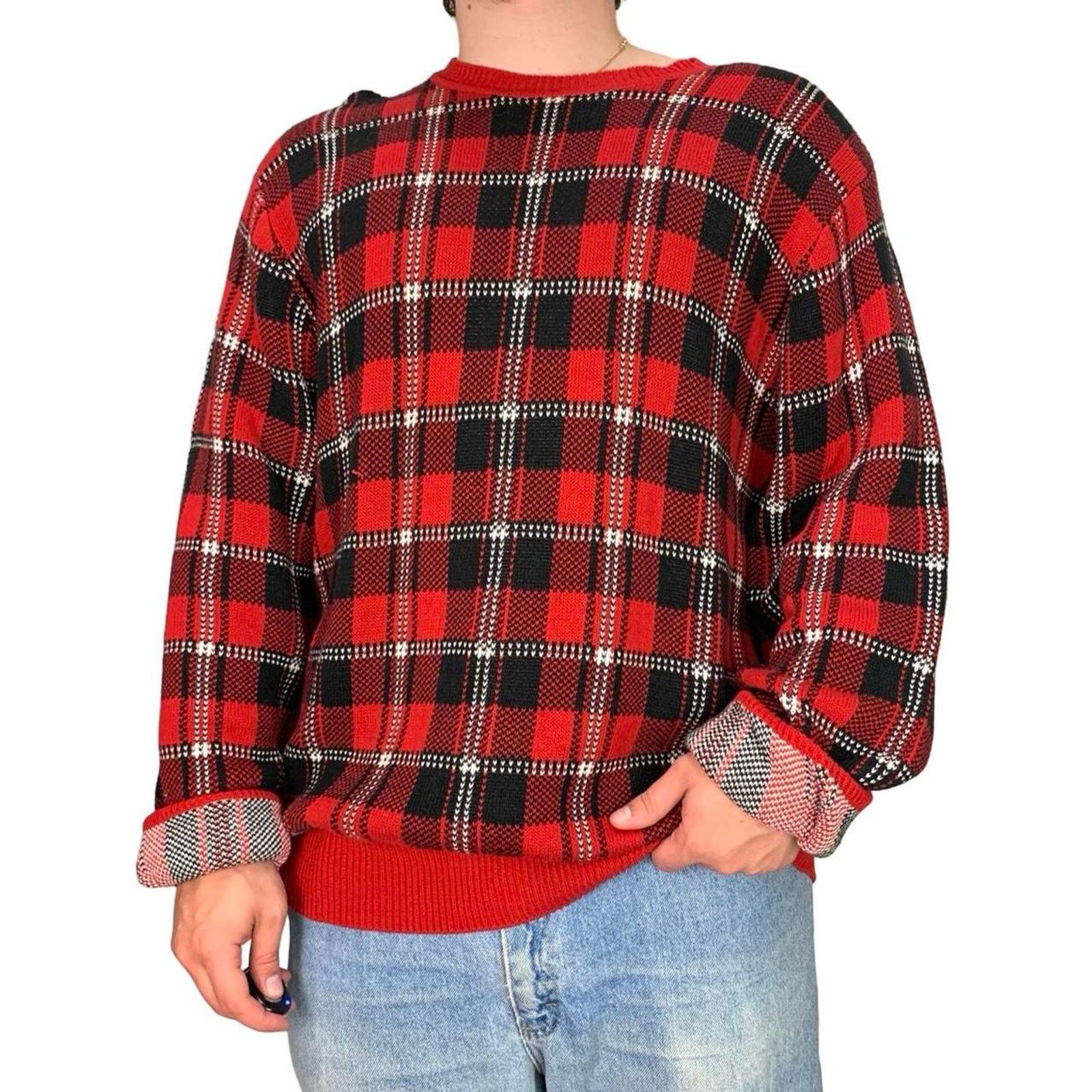 Saddlebred × Vintage Vintage 90s Saddlebred Red Plaid Sweater Size US XL / EU 56 / 4 - 1 Thumbnail