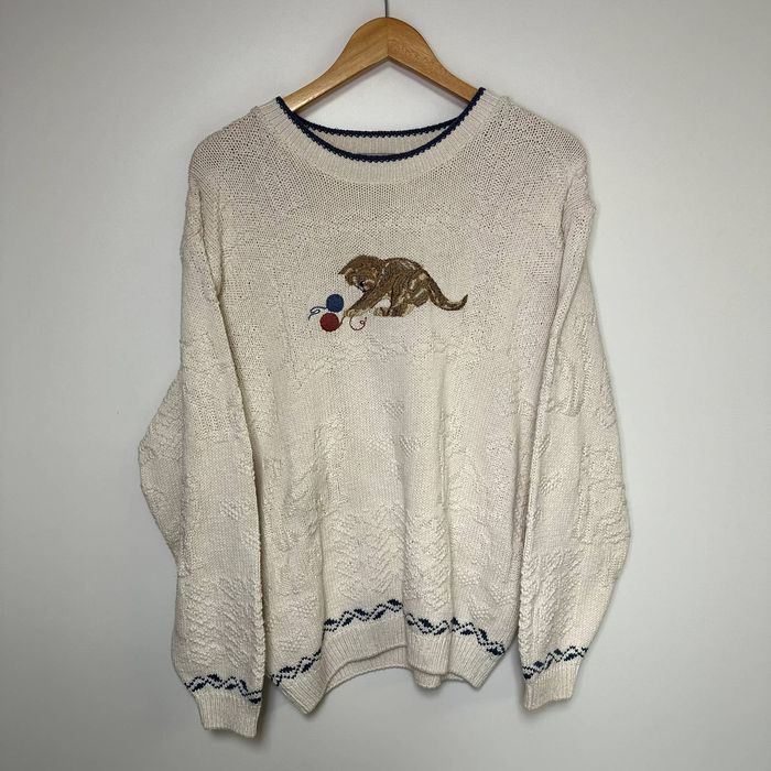 Vintage Vintage Cat Sweater 90s Kitty Sweat Knit Embroidered White ...