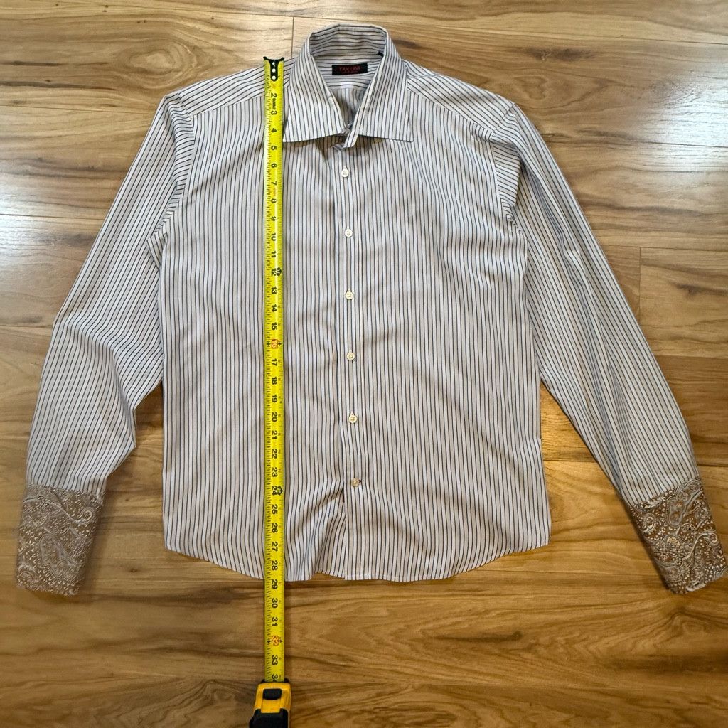 WISDOM Takumi Japan Stripe Shirt L Paisley Contrast Cuffs Size 38L - 5 Thumbnail