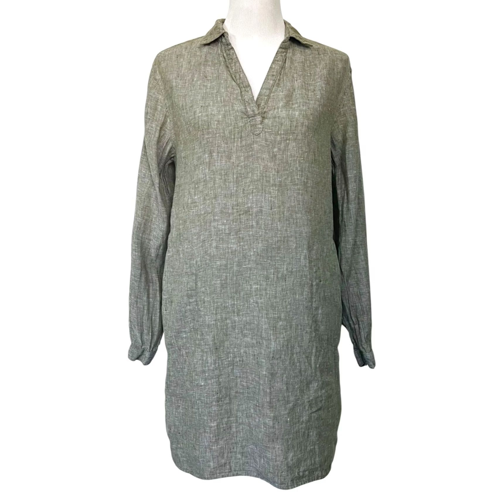 Vintage Artisan NY Linen Shirt Dress Tunic Green V-Neck Long Sleeve Pockets Women’s Sz M Size M / US 6-8 / IT 42-44 - 2 Thumbnail
