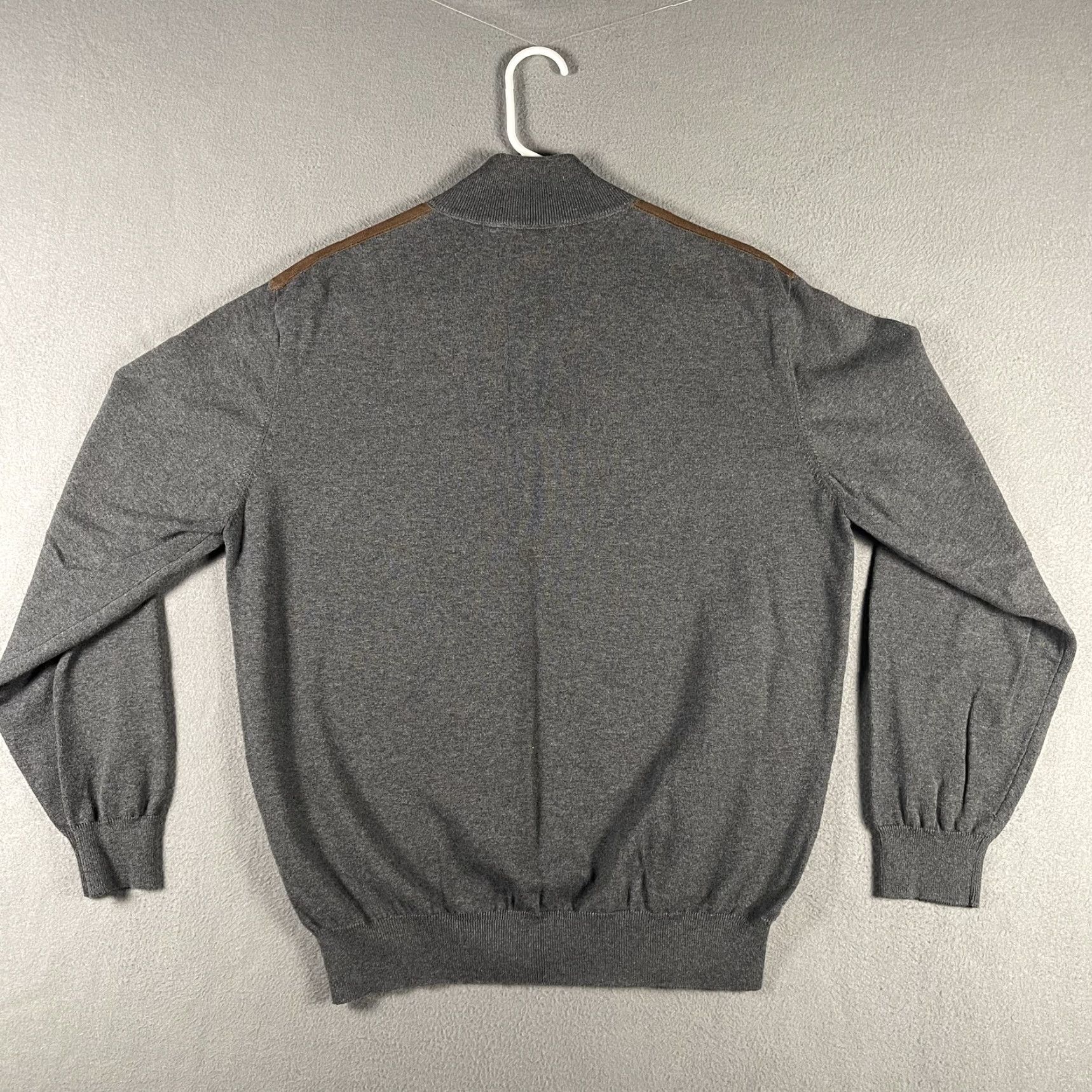 Vintage Alan Flusser Sweater Mens Large Gray Quarter Zip Pullover Brown Trim Cotton Sweatshirt Cardigan Beige Knit Size US M / EU 48-50 / 2 - 3 Thumbnail