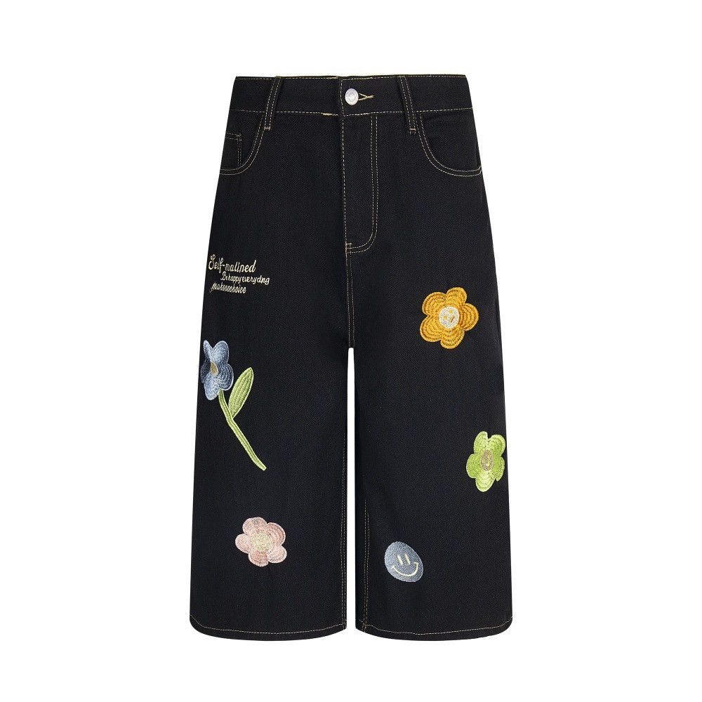 Japanese Brand × Vintage Men's hip-hop embroidered flower denim straight shorts Size US 32 / EU 48 - 1 Thumbnail