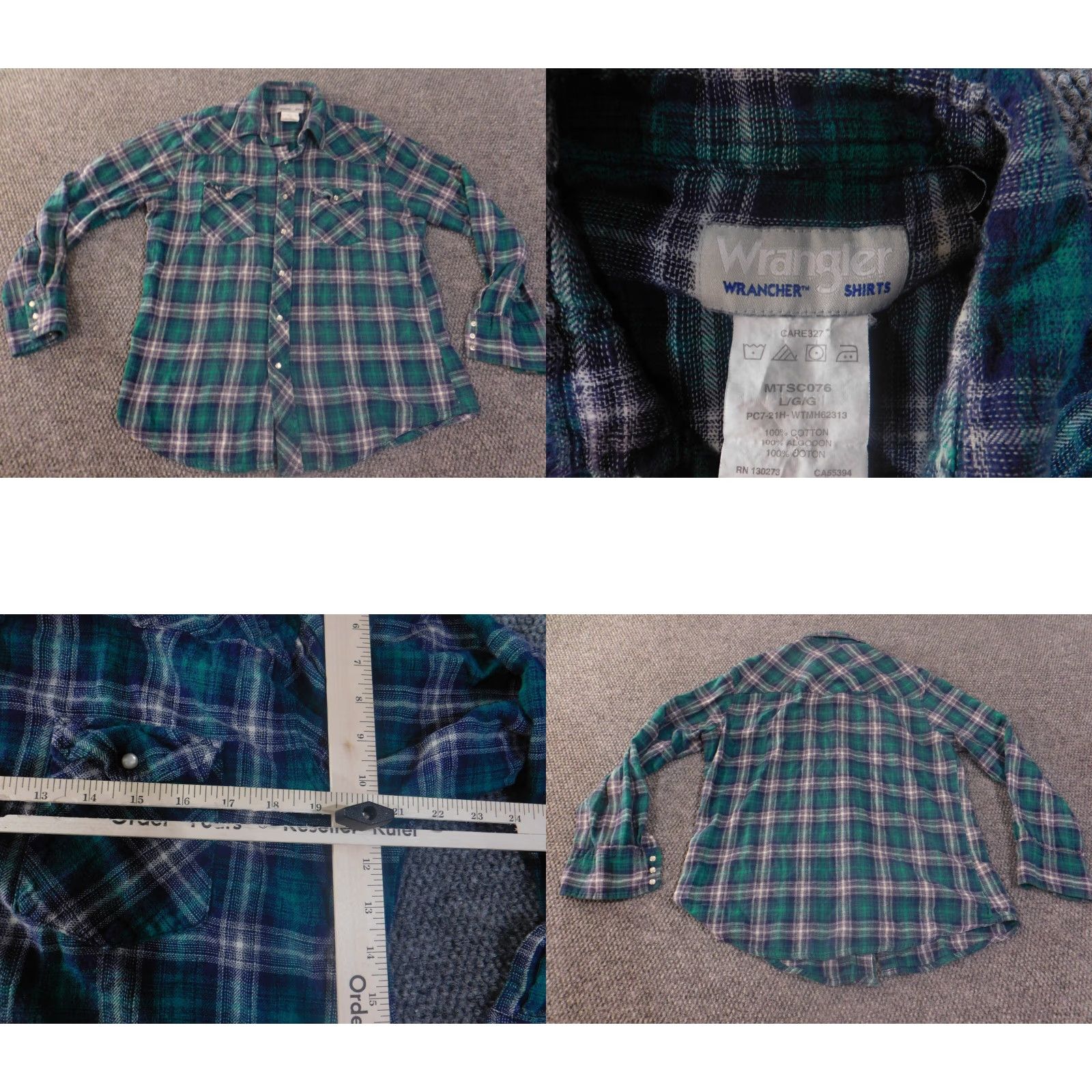 Wrangler wrangler shirt mens large pearl snap green plaid cowboy flannel wrancher button-up long sleeve cotton blue Size US L / EU 52-54 / 3 - 8 Thumbnail