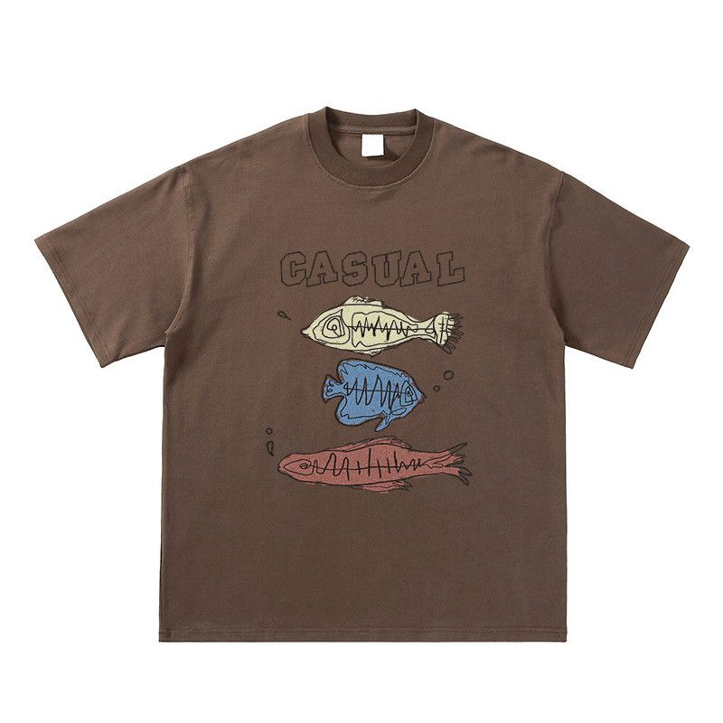 Japanese Brand Men's Loose Casual T-Shirt with Cartoon Fish Graffiti Print Size US M / EU 48-50 / 2 - 1 Thumbnail