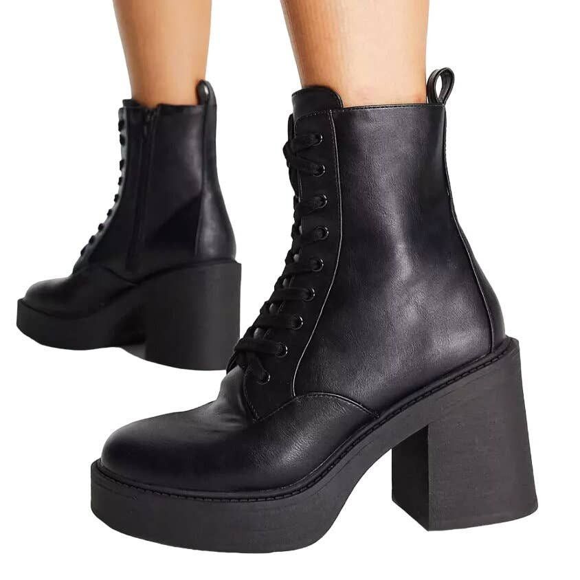 London Rebel Lace Up Chunky Platform Boots in Black Size 7