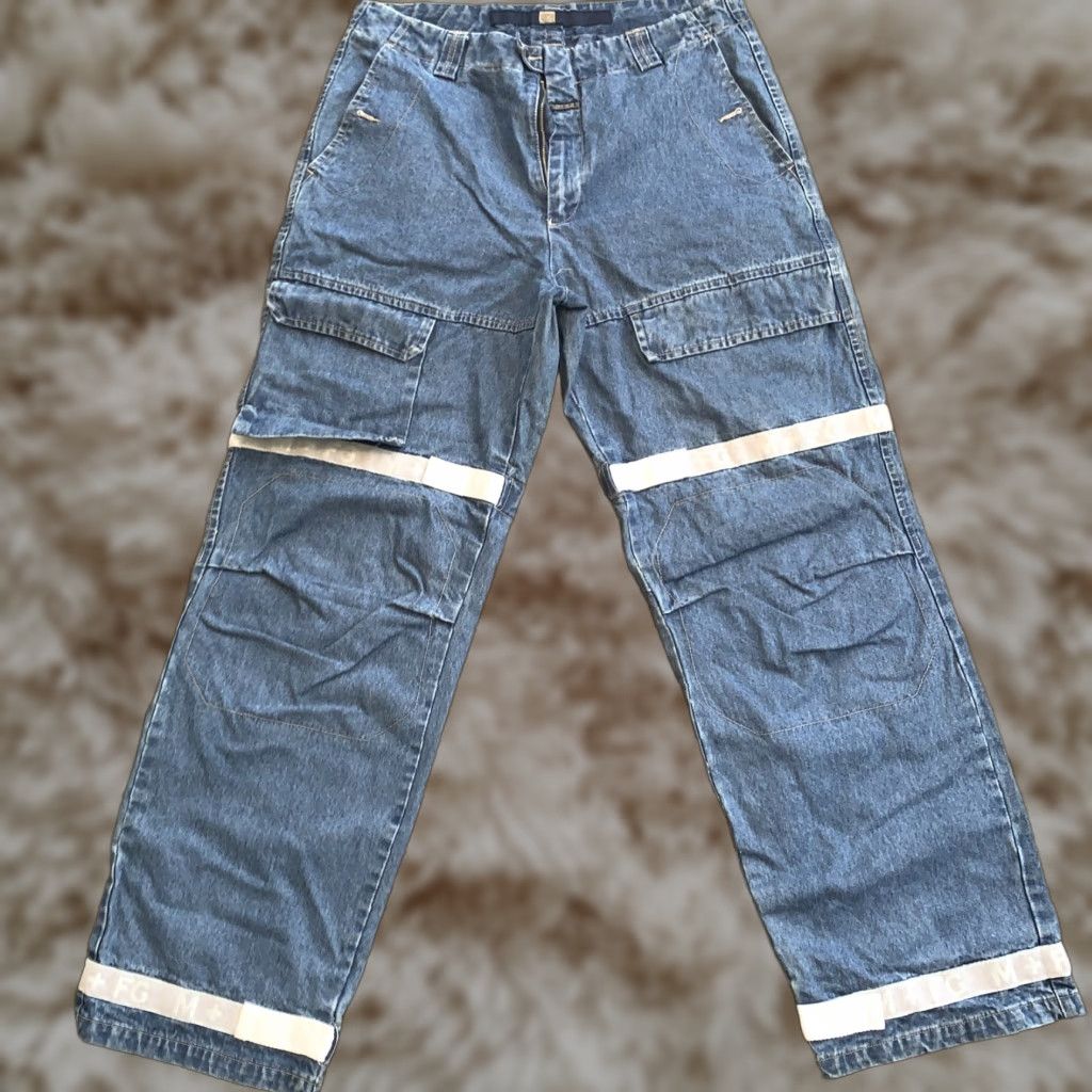 VINTAGE Girbaud Jeans 38 Baggy Denim 5-Pocket Cargo Strap Shuttle Straps Blue Mens 90s Y2k Space Hip Hop Marithe Francois Girbaud Jeans