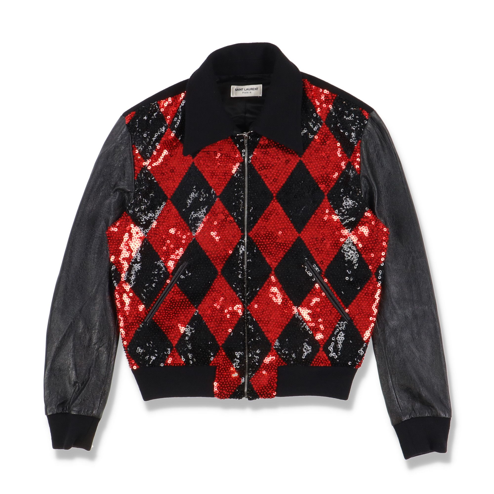 image of Saint Laurent Paris Sequin Embellished Wool And Leather Bomber Jacket in Black, Men's (Size Small)