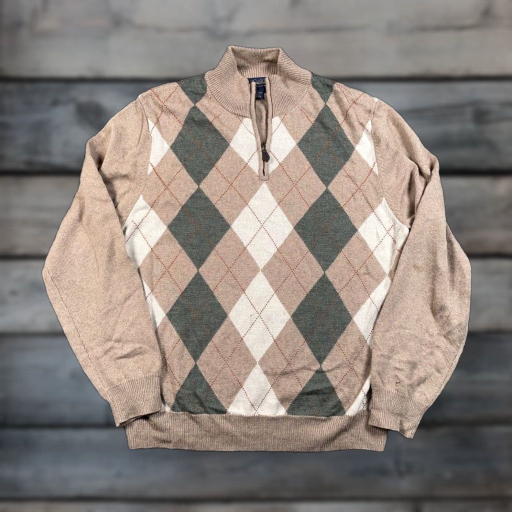 Brooks Brothers VINTAGE Brooks Brothers Sweater Adult Large Beige Wool Argyle Diamond 1/4-Zip Pullover Mens Size US L / EU 52-54 / 3 - 1 Thumbnail