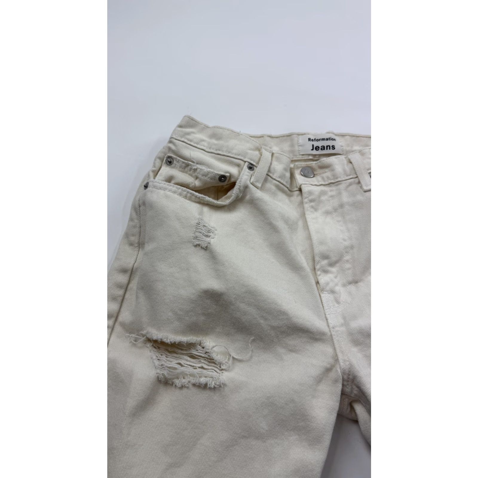 Reformation Reformation Jeans Women's 28 Straight Distressed Ripped Knee Ivory Made in USA Size 28" / US 6 / IT 42 - 3 Thumbnail