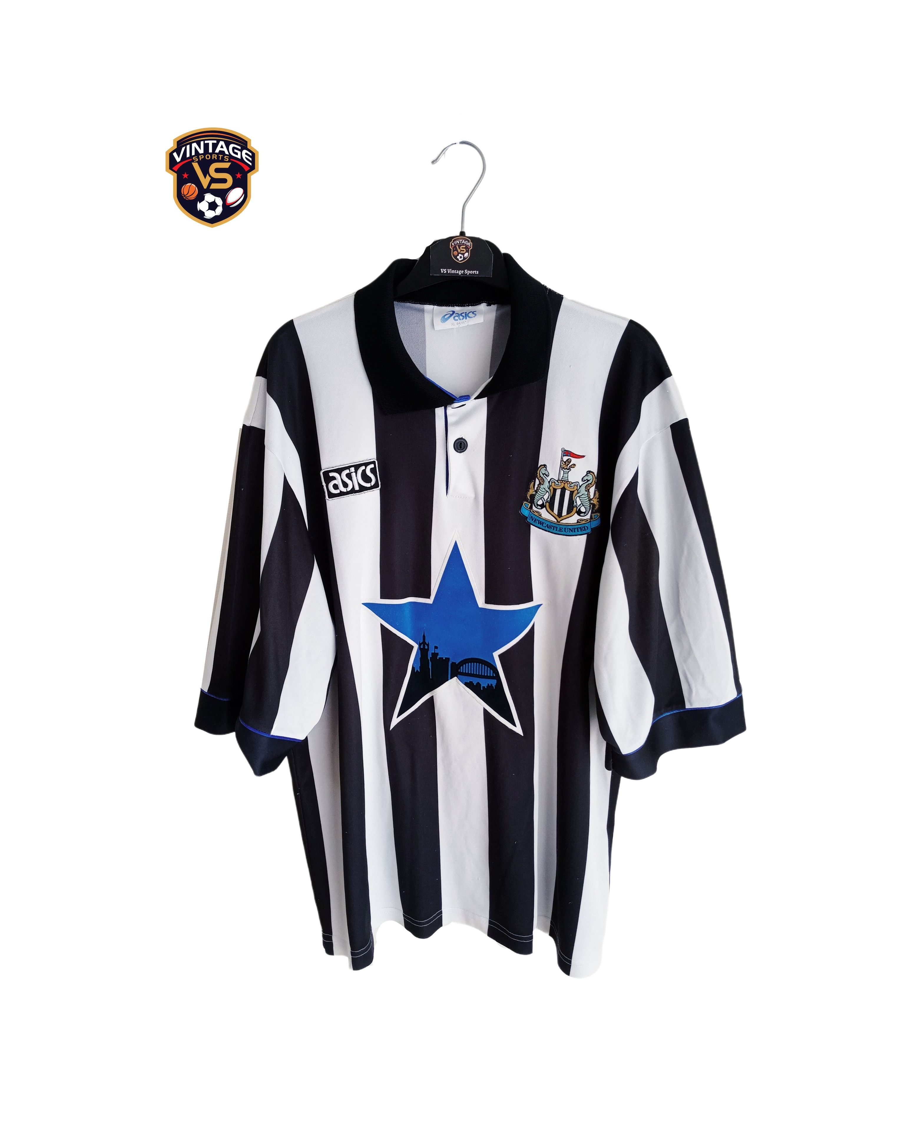 Image of Newcastle United Fc 1993-1995 Soccer Home Jersey Asics in Black White, Men's (Size XL)