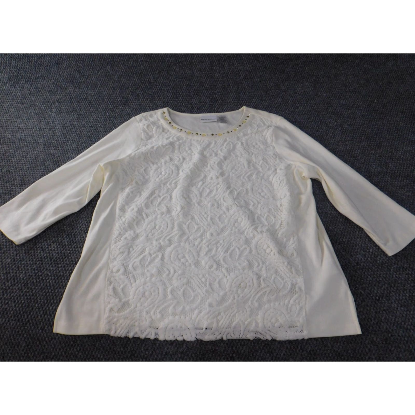 Vintage Alfred Dunner Blouse Casual L Womens Beige Floral Lace Stretch Round Neck Pullover Cotton Polyester Size L / US 10 / IT 46 - 2 Thumbnail