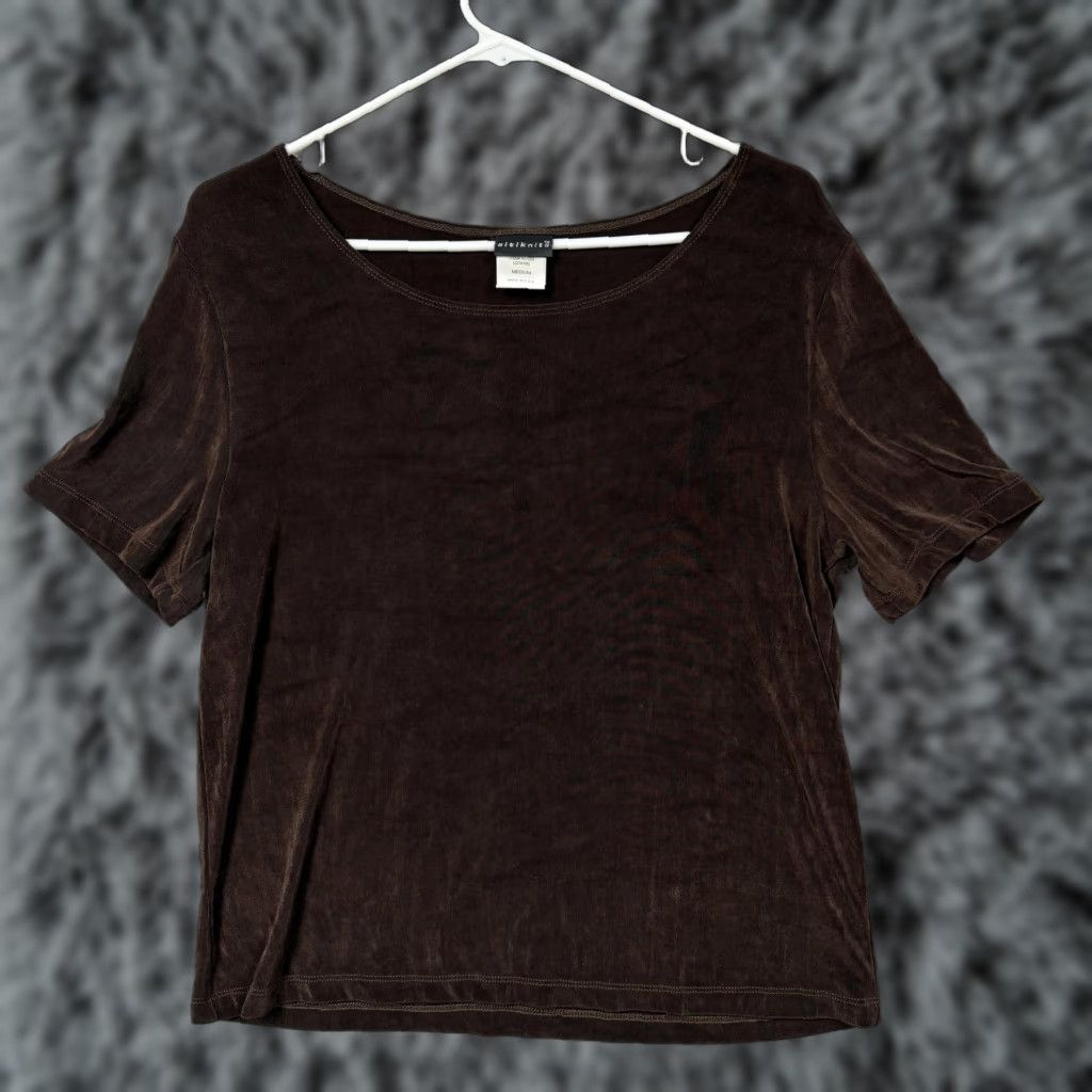 Vintage VINTAGe Citiknits Top Womens M Brown Ribbed Knit Grunge Chic Whimsigoth 90s 2000s Casual T-Shirt Pullover Short Sleeve Scoop Neck Knit USA Size M / US 6-8 / IT 42-44 - 1 Thumbnail