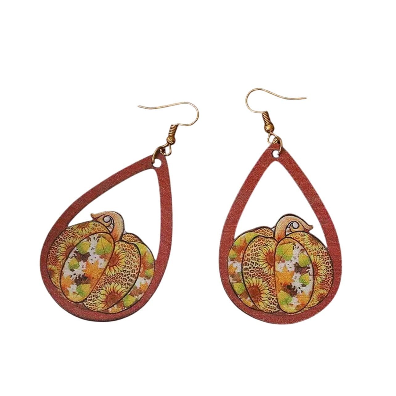 Handmade Thanksgiving Earrings Leopard and Sunflower Pumpkin Wood Size ONE SIZE - 1 Thumbnail