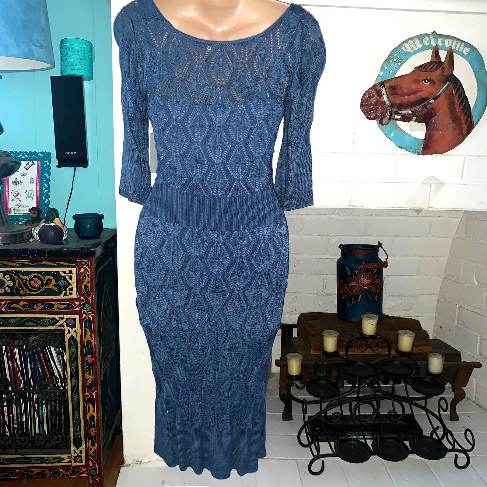 VINTAGE NWT DESIGNER BODYCON DENIM BLUE CROCHET DRESS XS