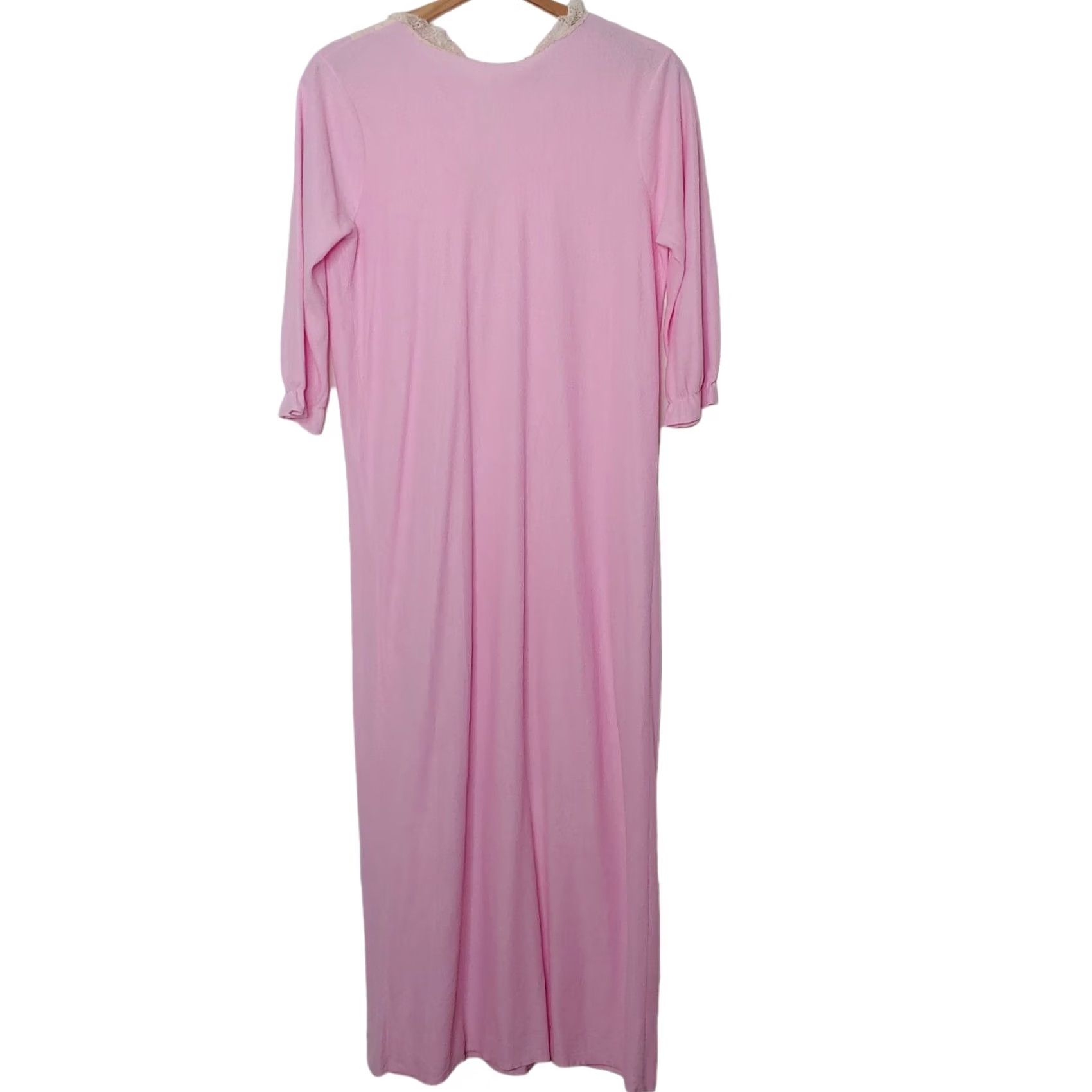 Pinko Vintage Nightgown Medium Long Pink Acetate White Lace Ribbon Tie Grannycore Size ONE SIZE - 3 Thumbnail