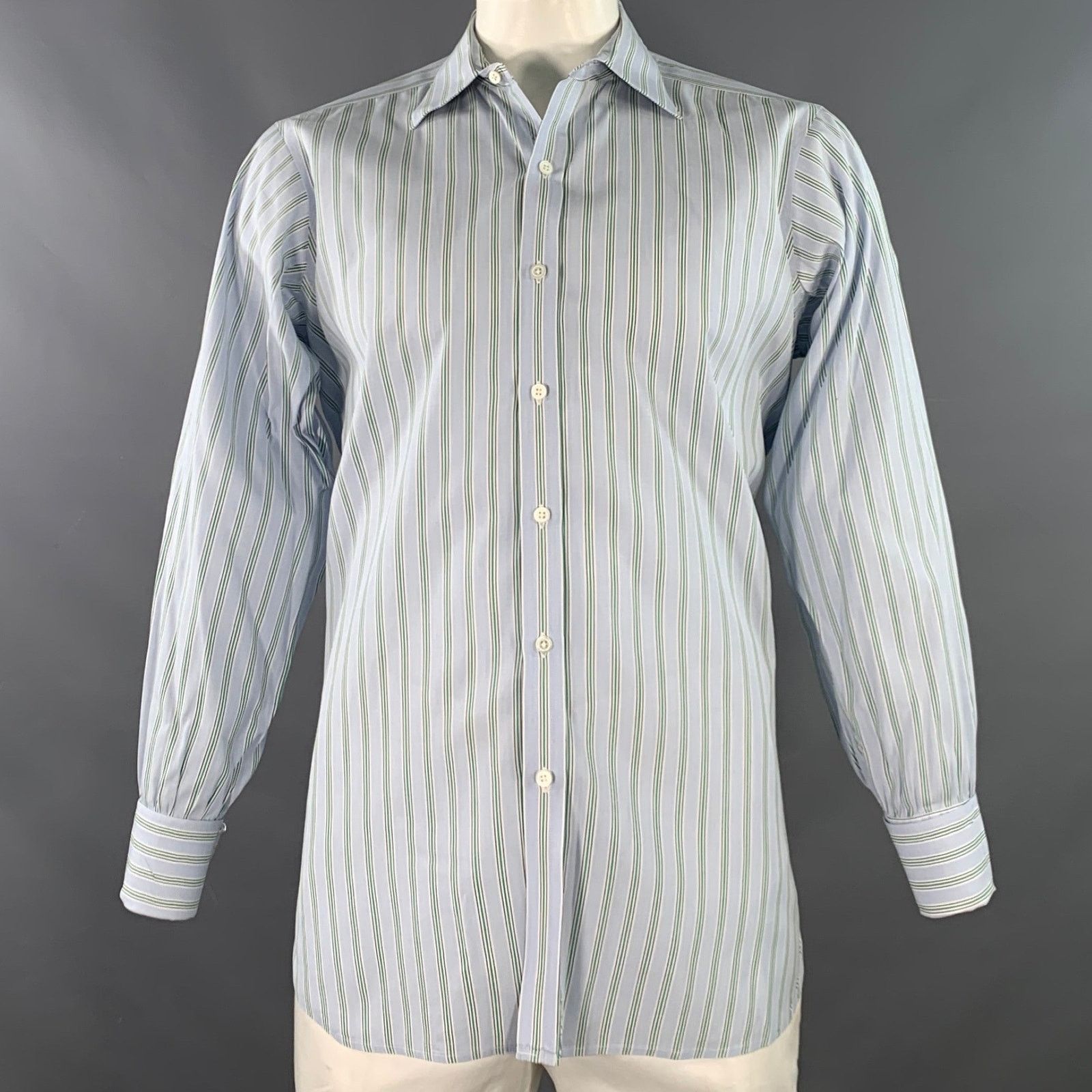 Turnbull & Asser Blue Green Stripe Cotton French Cuff Long Sleeve Shirt Size US L / EU 52-54 / 3 - 1 Thumbnail