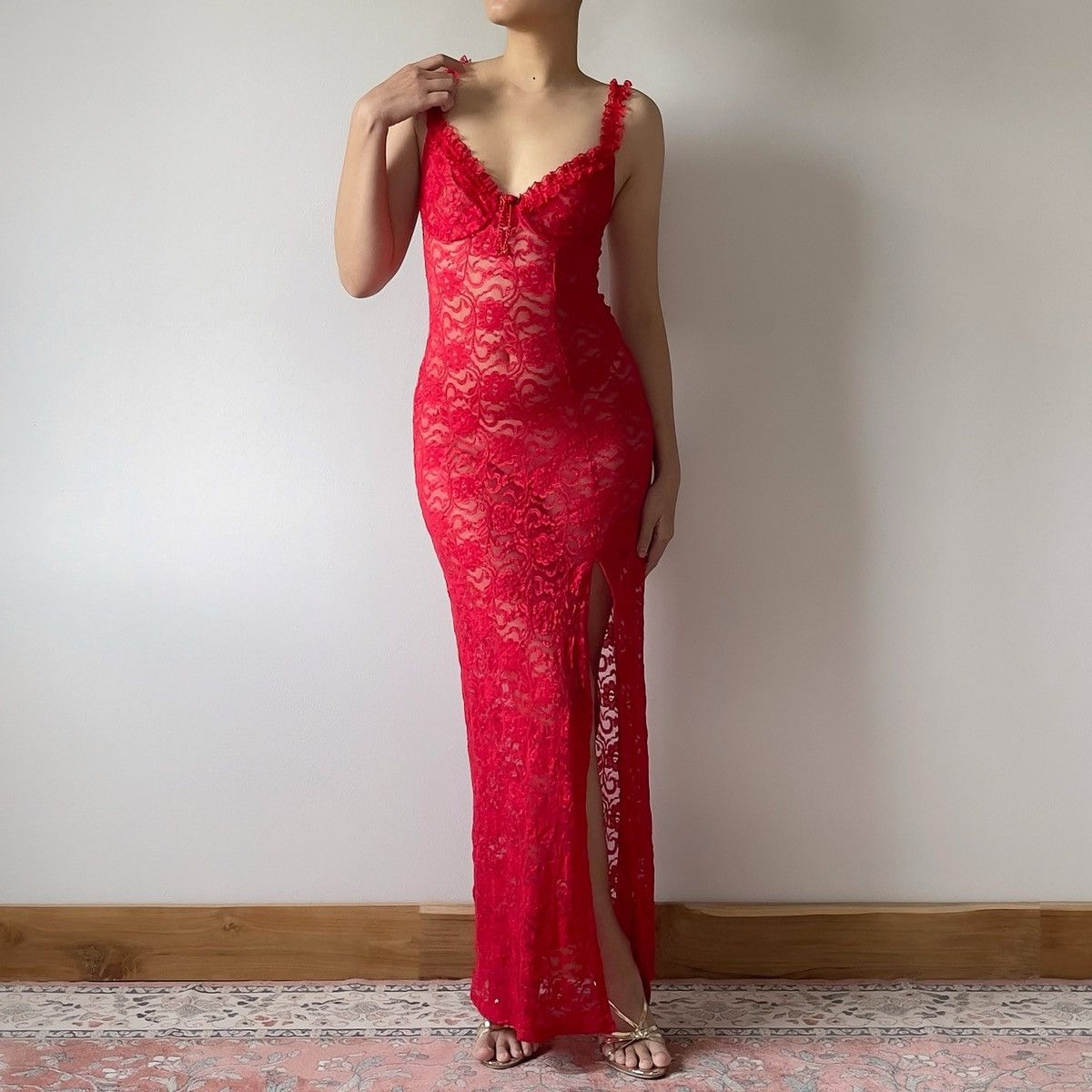 Vintage Vintage Red Lace Sheer Slip Dress (XS-S) Size S / US 4 / IT 40 - 9 Thumbnail