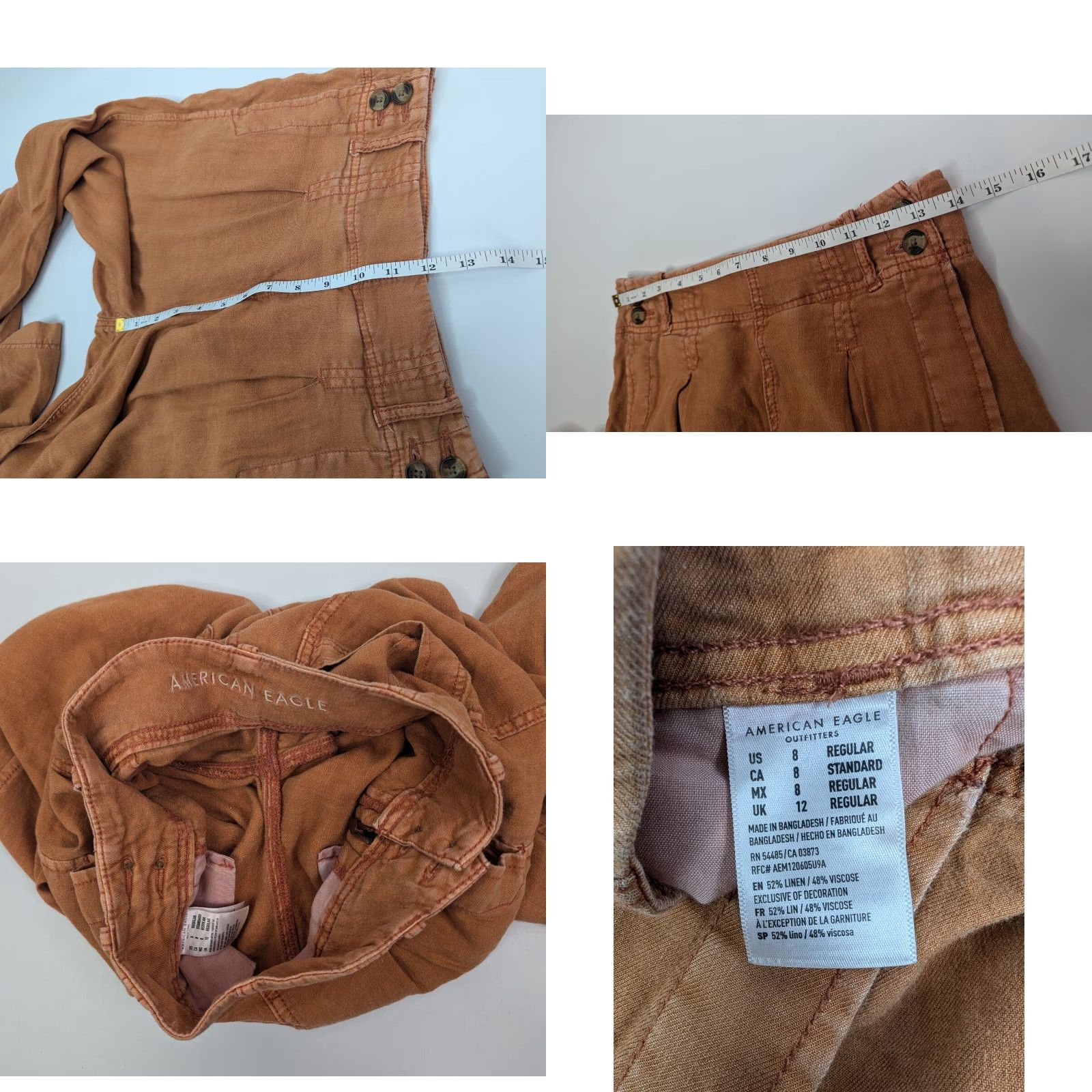Vintage American Eagle Pants Wide-Leg Cropped Linen Women's 8 Orange Festival Boho Casual Travel Size 30" / US 8 / IT 44 - 8 Thumbnail