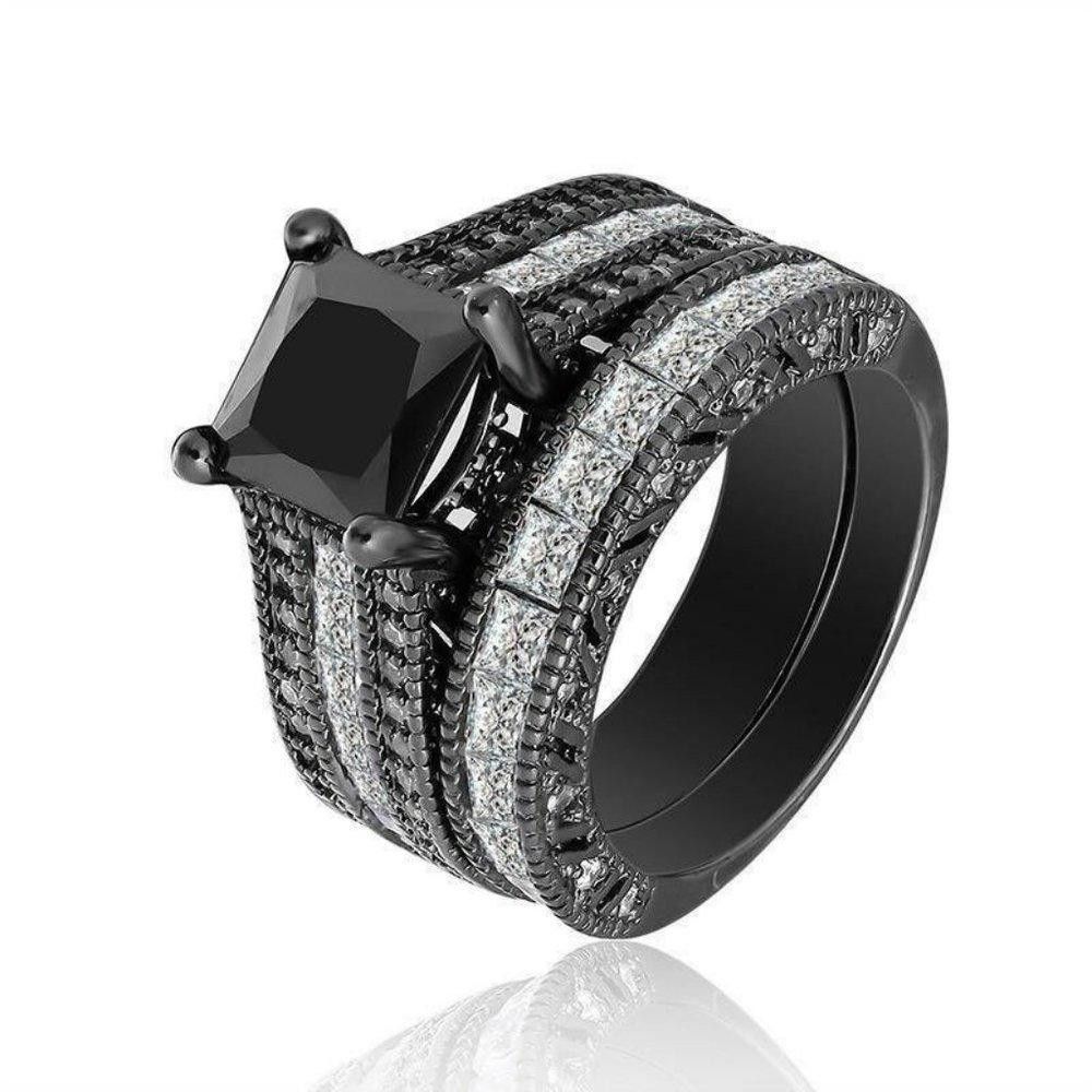 Designer 2Pcs 925 Silver Black Zircon Engagement Ring Set - Size 5 Size ONE SIZE - 7 Thumbnail