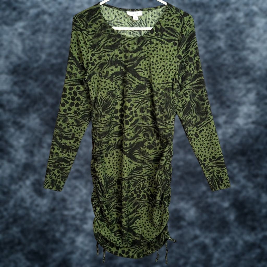 Topshop Topshop Animal Print Dress Women Size 8 Long Sleeve Ruched Mini Green Black Size M / US 6-8 / IT 42-44 - 1 Thumbnail