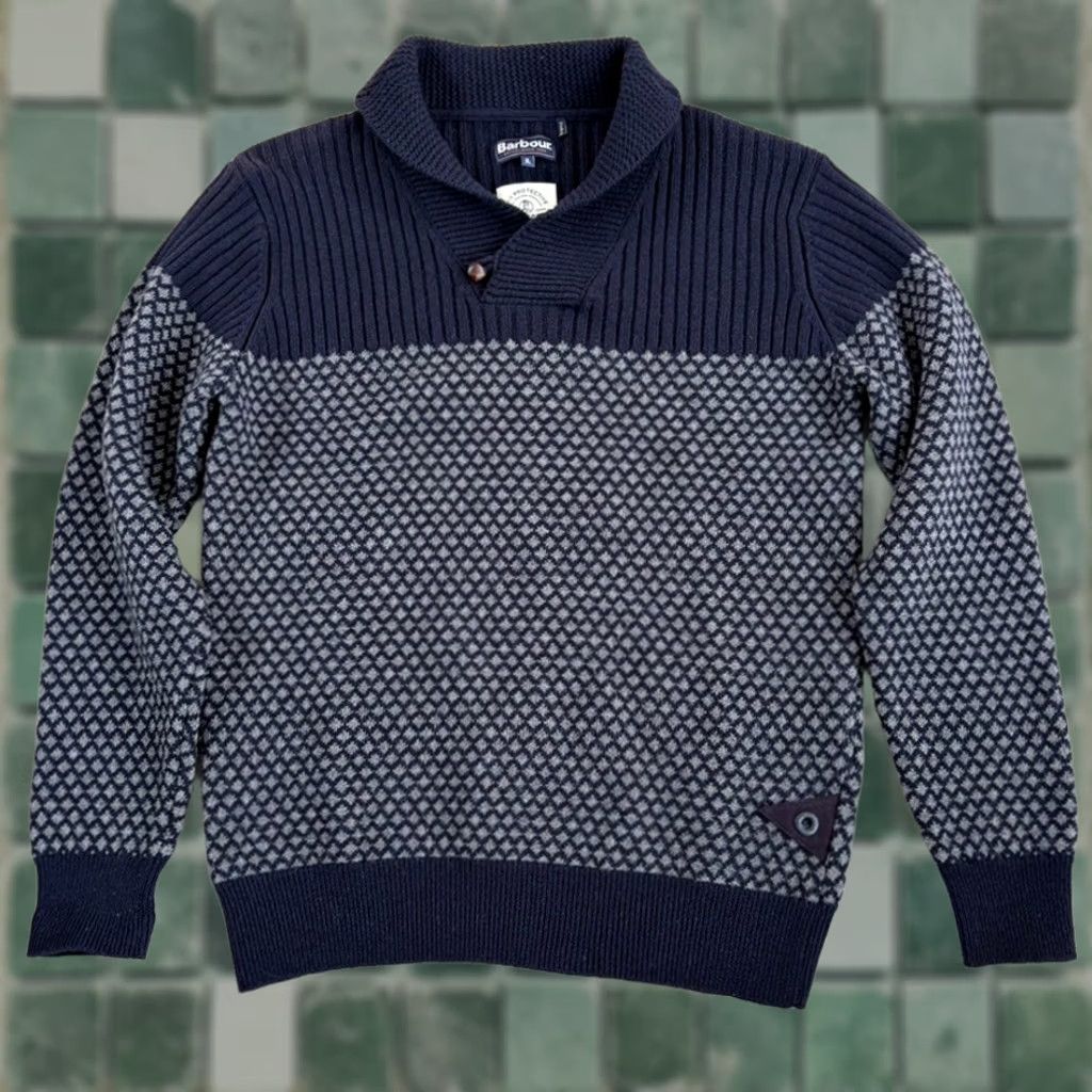 Barbour BARBOUR Sweater Jumper Navy Grey Geometric 100% Wool XL Men Pullover Turtleneck Knitted Knit Design Designer Modern Barbour Logo Size US XL / EU 56 / 4 - 1 Thumbnail