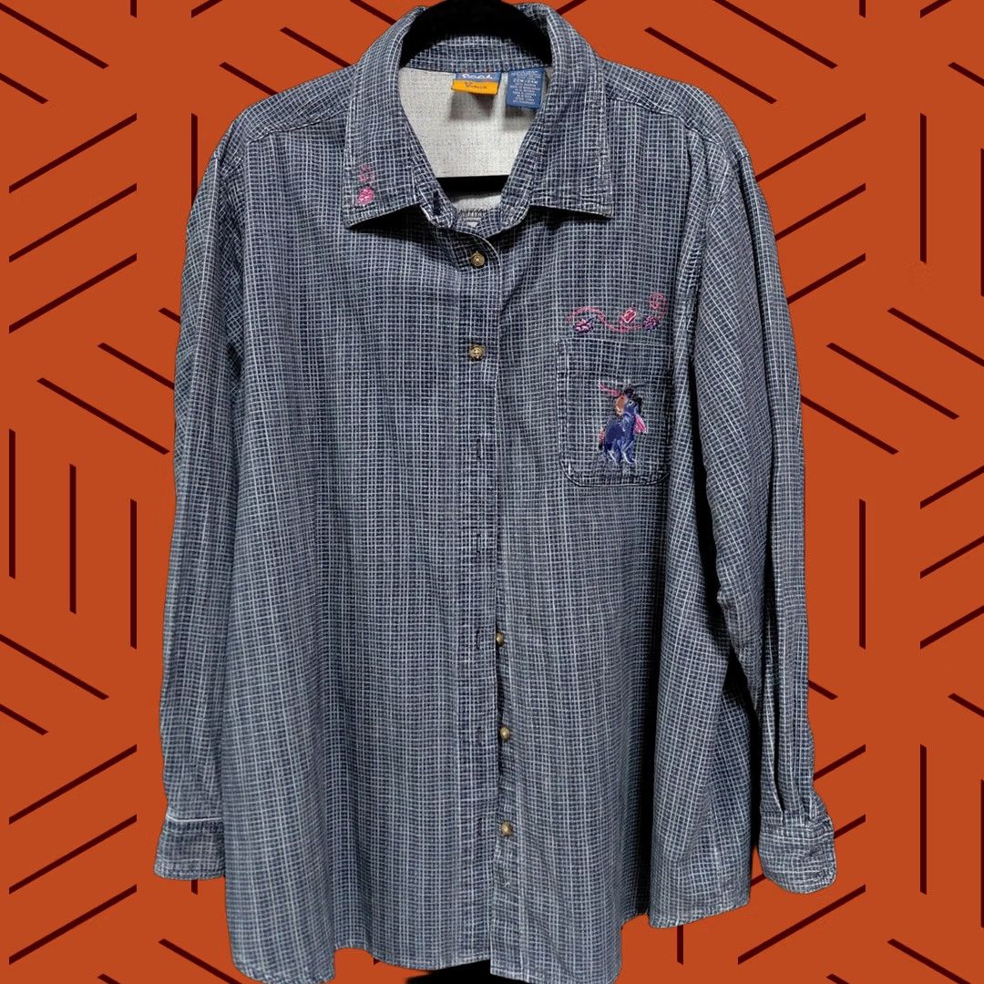 Disney Pooh Woman Disney Embroidered Shirt Blue 22W/24W Button-Up Striped Long Sleeve Cotton Eeyore Womens Shirt Size 3XL / US 20-22 - 1 Thumbnail