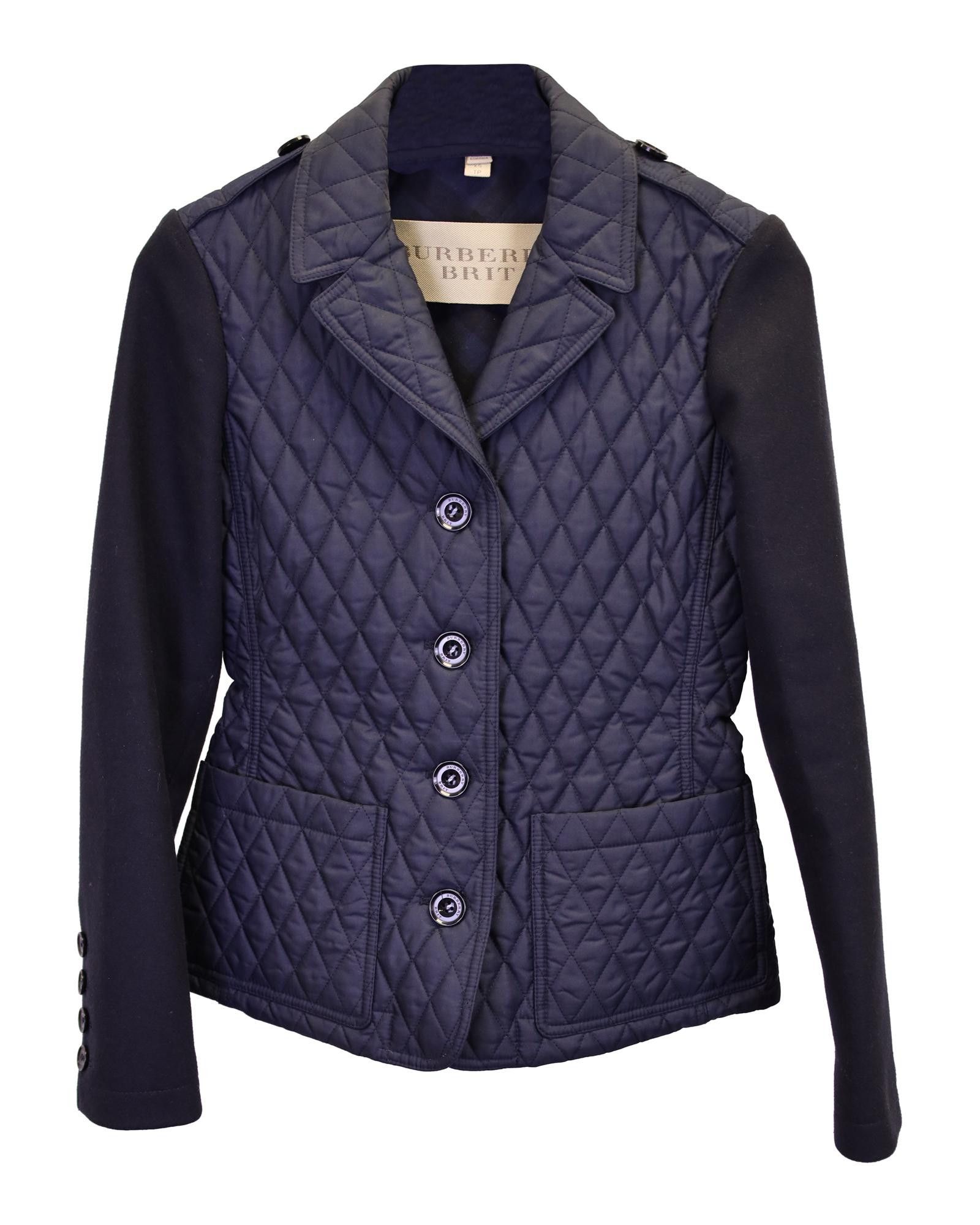 image of Burberry Quilted Jacket With Notched Collar And Patch Pockets in Blue/Navy Blue, Women's (Size XS)