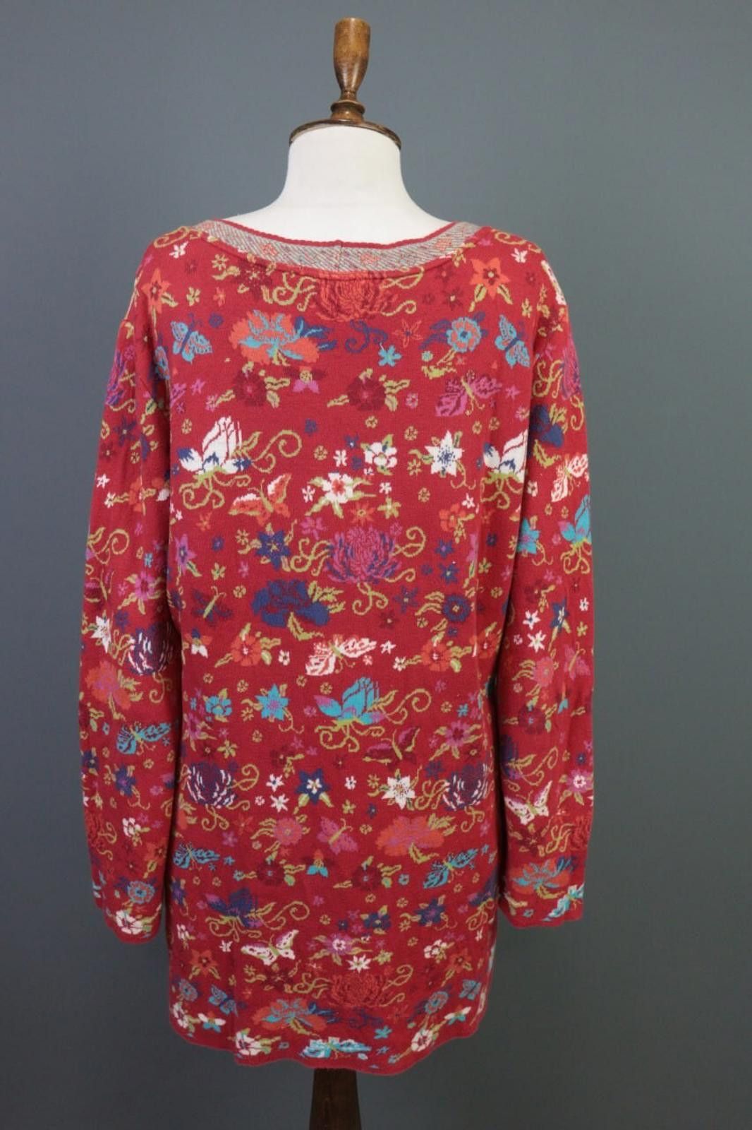 Designer Dunque Red Floral Wool Button Cardigan Sweater Size XL Size XL / US 12-14 / IT 48-50 - 8 Thumbnail