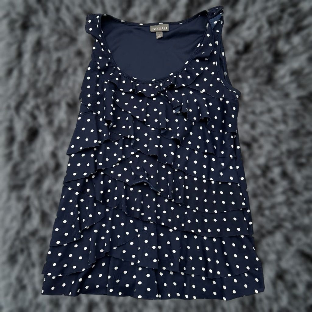 Vintage Roz & Ali Coquette Tank Top Womens Size L Ruffle Tiered Polka Dots Casual Sleeveless Blue Polyester Tank Top Size L / US 10 / IT 46 - 1 Thumbnail