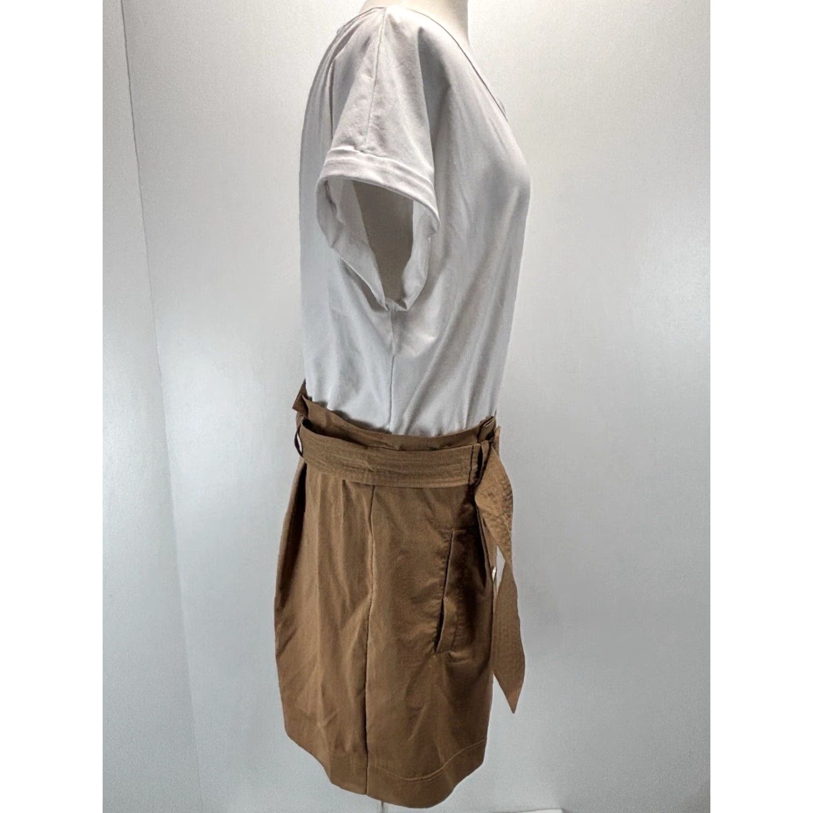 Veronica Beard VERONICA BEARD Melany Layered Look Dress Women's XL Belted Short Sleeve White Brown Mini Dress: Regular Size, Casual 2020s Size XL / US 12-14 / IT 48-50 - 2 Thumbnail