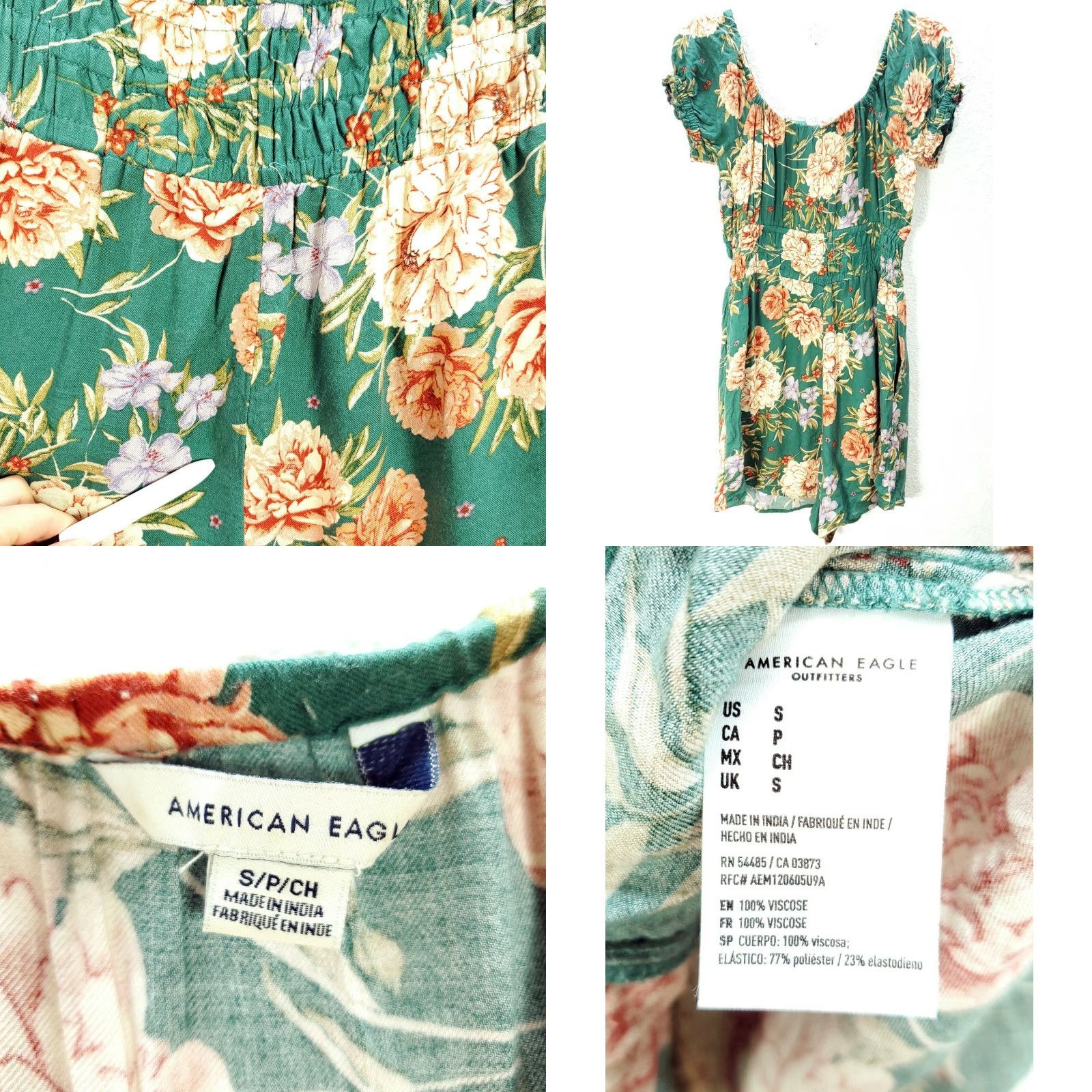 American Eagle Outfitters Women's American Eagle Romper Green Puff Sleeve Floral Sz S - Green Yellow One-Piece Casual Party/Cocktail Bohemian Floral Sleeve Puff Womens Size S Size 28" / US 6 / IT 42 - 8 Thumbnail