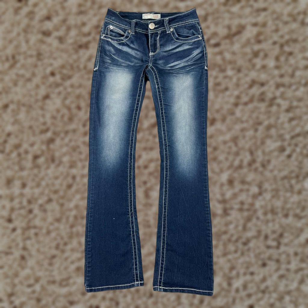 Vintage No Boundaries Jeans Womens 1 Regular Blue Denim Bootcut 5-Pocket Embroidered Stretch Dark Wash Inseam 29in Size 25" / US 0 / IT 36 - 1 Thumbnail