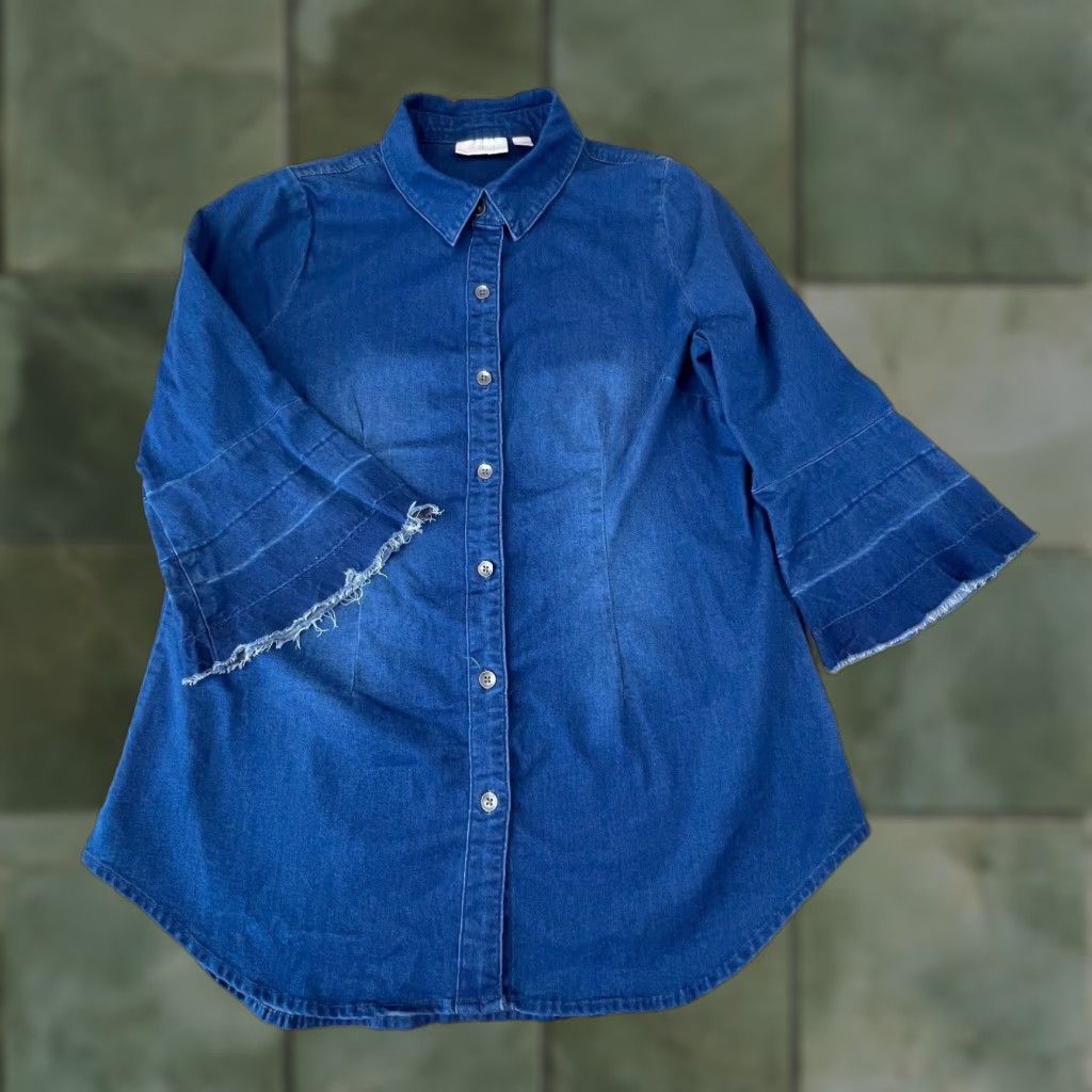 Vintage Belle Kim Gravel Womens Top XS Blue Chambray Button Up 3/4 Sleeve Shirt Size XS / US 0-2 / IT 36-38 - 1 Thumbnail