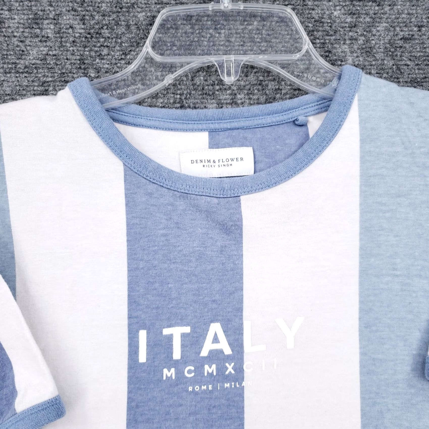 Denime Denim & Flower T-Shirt Womens S Blue Striped Denim Flower Ringer Crew Neck Cap Sleeve Relaxed Tee Top Size S / US 4 / IT 40 - 3 Thumbnail