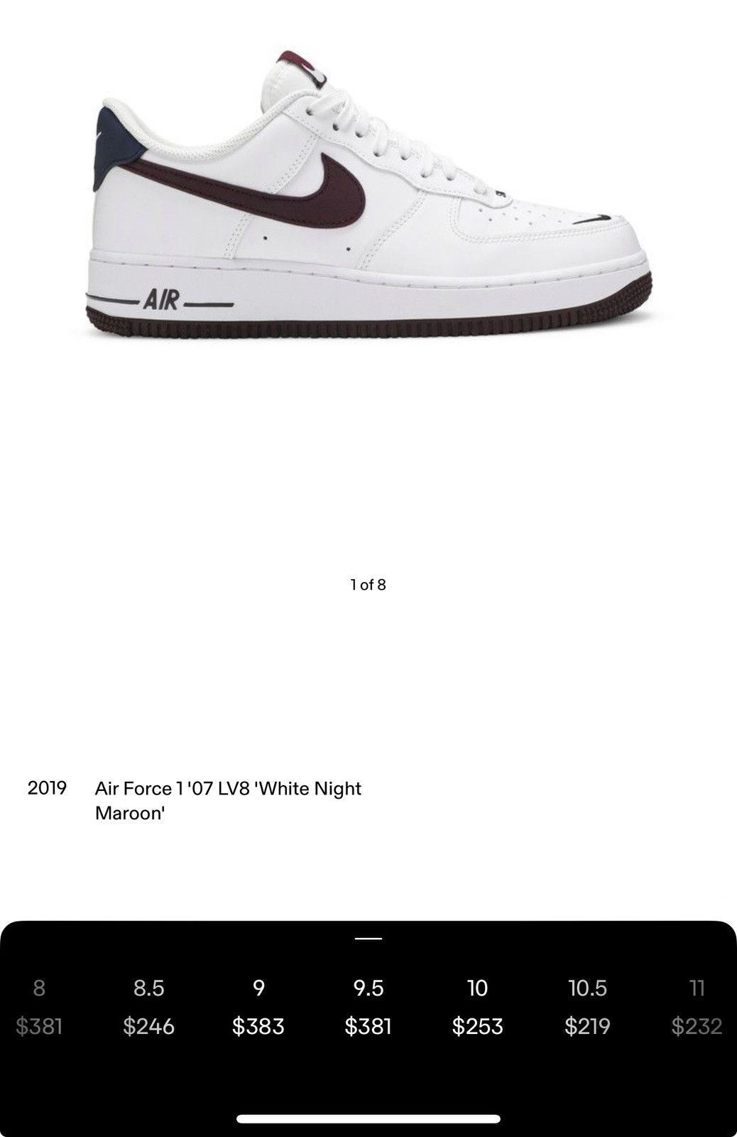 Nike 2019 Air Force 1 '07 LV8 'White Night Maroon' Size US 9.5 / EU 42-43 - 1 Thumbnail