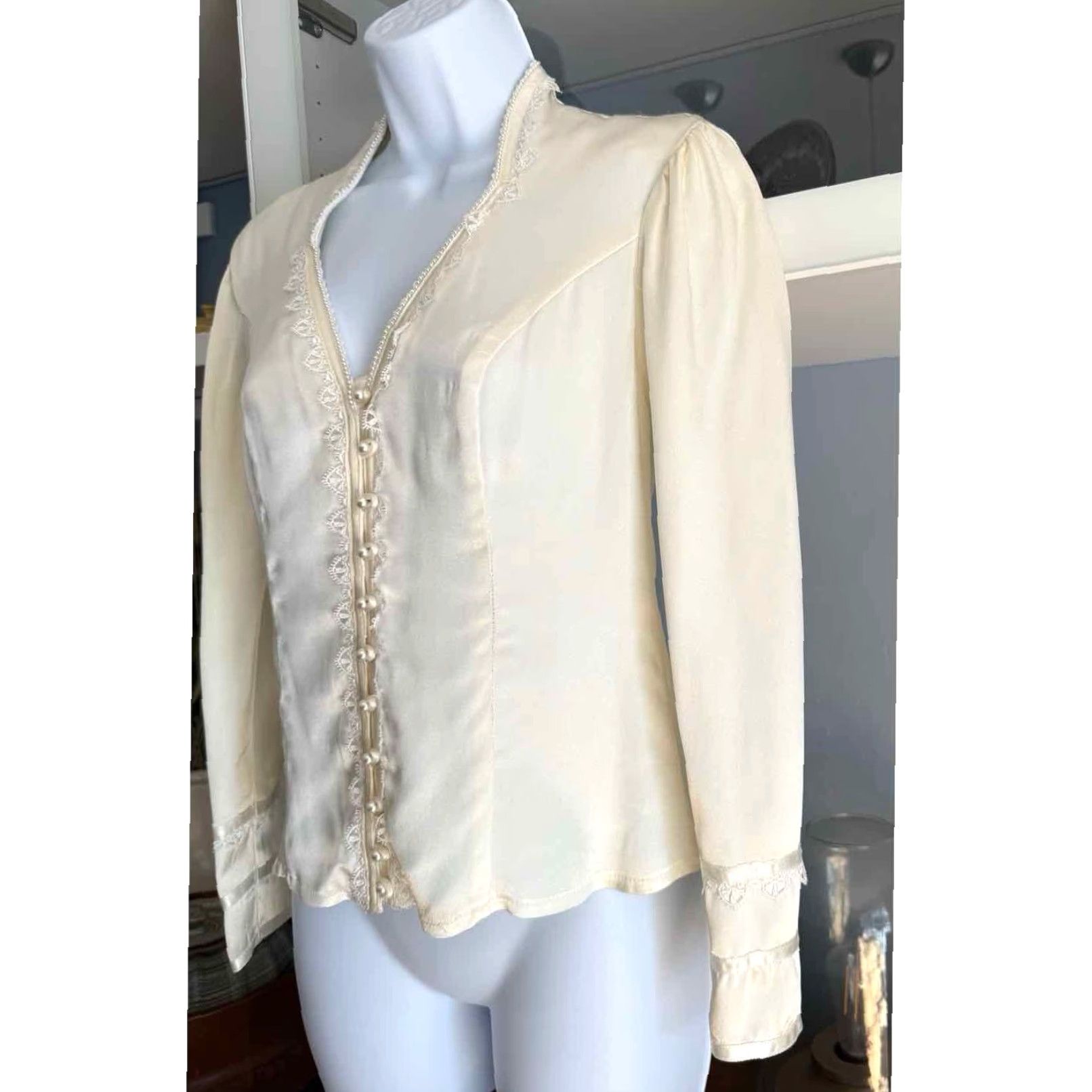 Vintage Vtg Jessica Gunne Sax Sz 5 Lace Beads Satin Edwardian Button Up Blouse Ivory Size S / US 4 / IT 40 - 4 Thumbnail