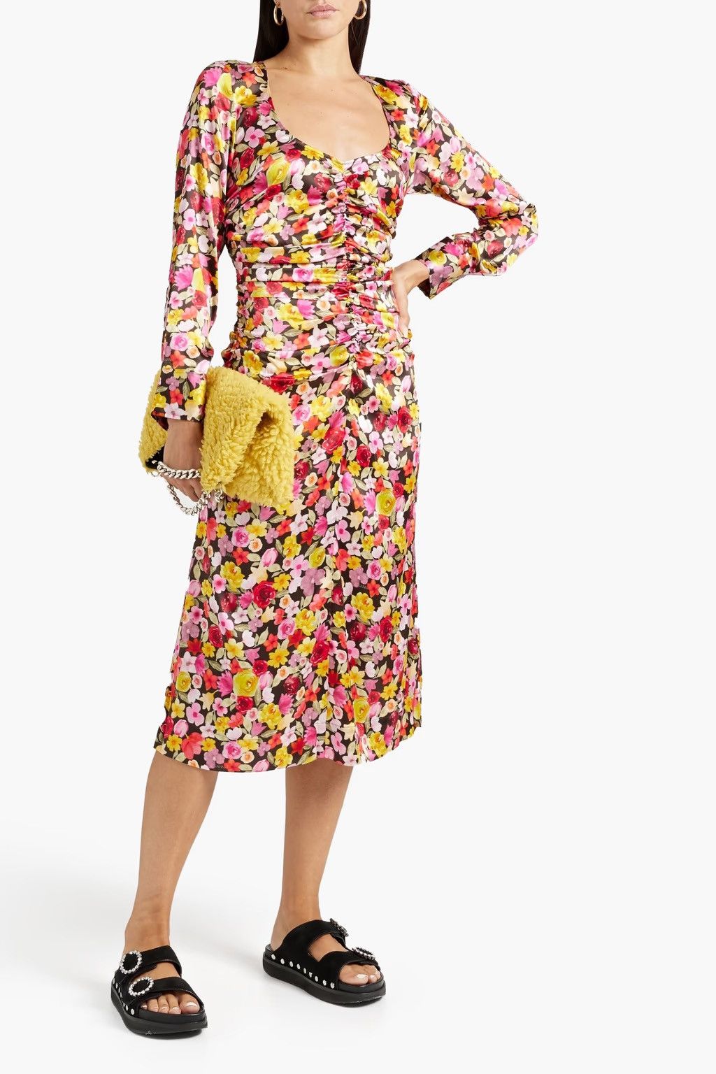 Ganni GANNI Ruched floral-print silk-blend satin midi Dress Size S / US 4 / IT 40 - 2 Thumbnail