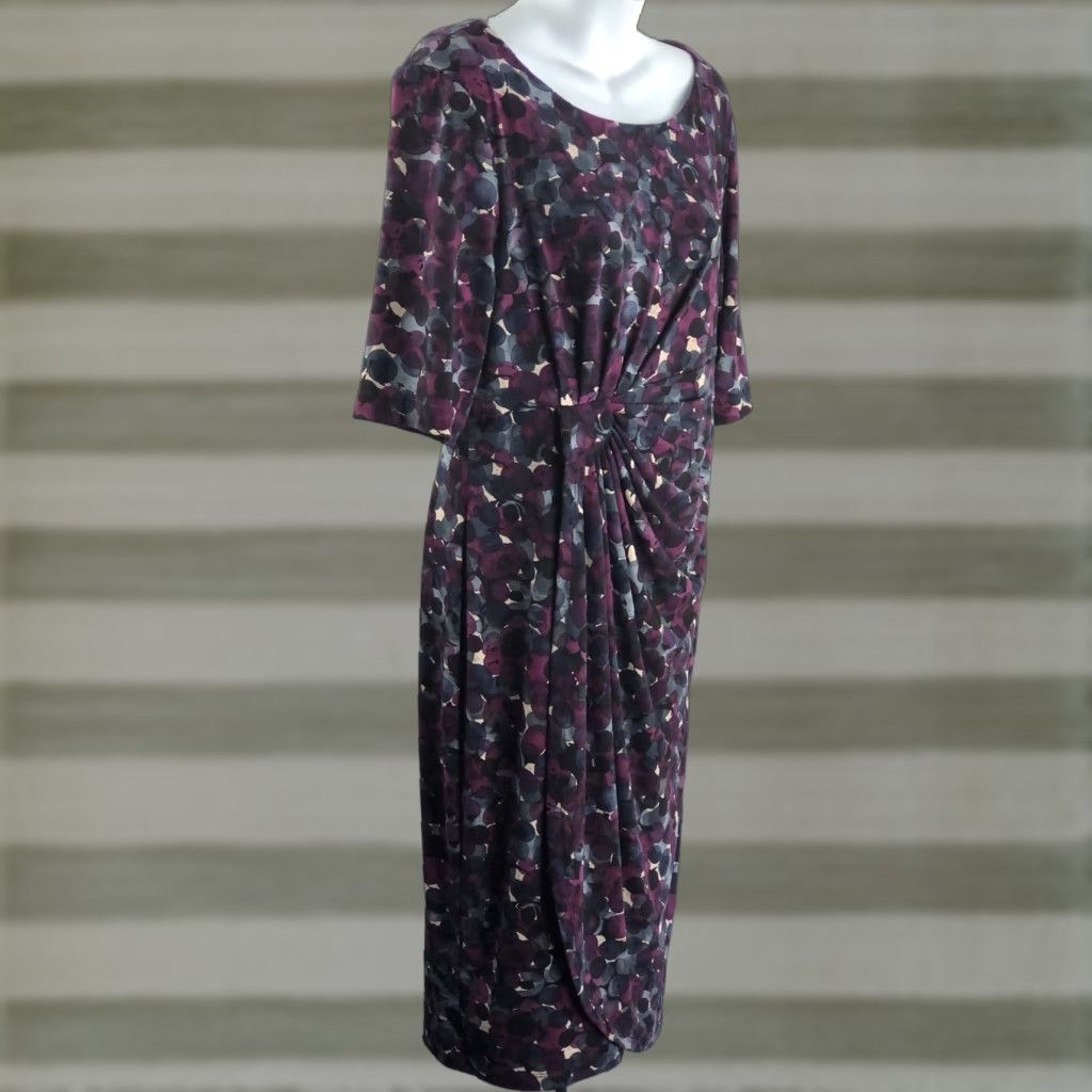 Vintage VINTAGE Connected Midi dress 14 purple/blue Geo mock wrap 1/2 Sleeve Ruched Drape 90s Y2K Women Mens? Size XL / US 12-14 / IT 48-50 - 1 Thumbnail