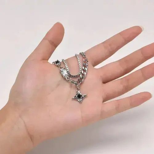 Vintage Mens Double Chain Black Star Charm Choker Necklaces Size ONE SIZE - 4 Thumbnail