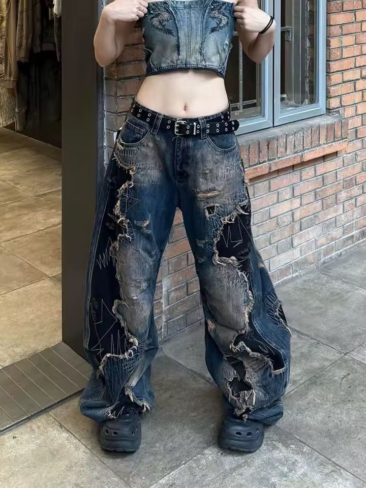Punk Designer Patchwork Straight Baggy Hip Hop Jeans