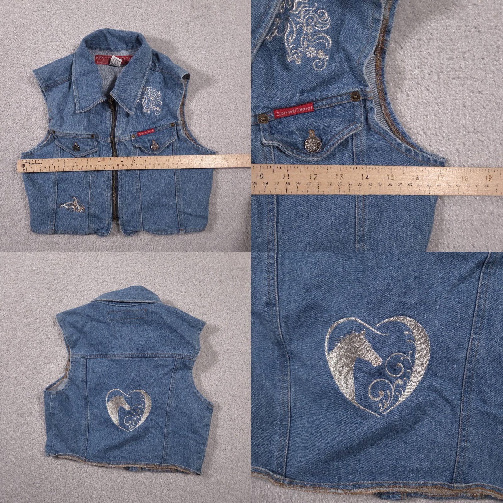 Speedo VINTAGE Speed Control Vest Girls Small Blue Denim Zip Front Embroidered Horse Western Size S / US 4 / IT 40 - 9 Thumbnail