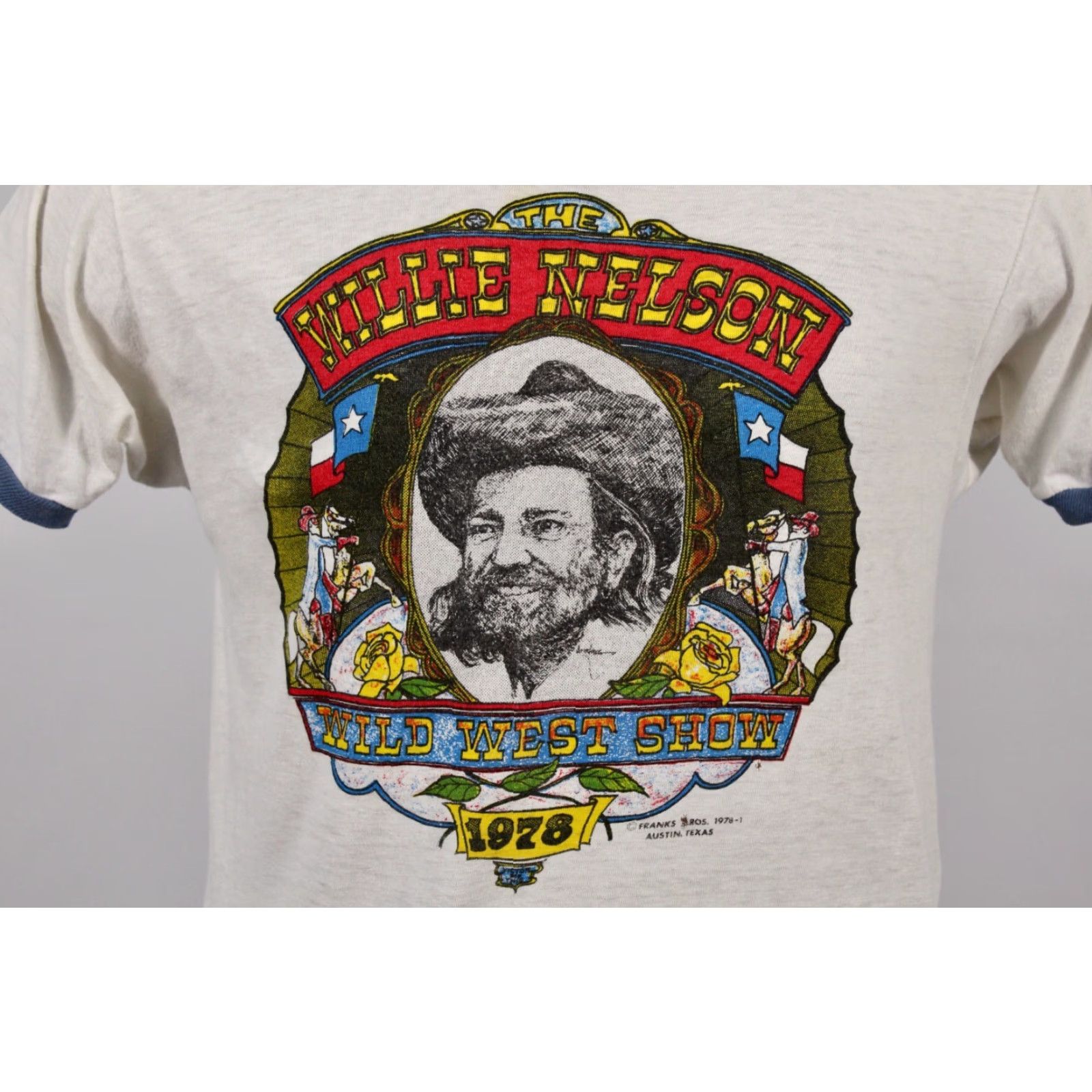 Vintage Willie Nelson T-Shirt 70s VTG White Cotton Graphic Tee XS Mens 1970s Show Wild West Badges Cracking Size US XS / EU 42 / 0 - 4 Thumbnail