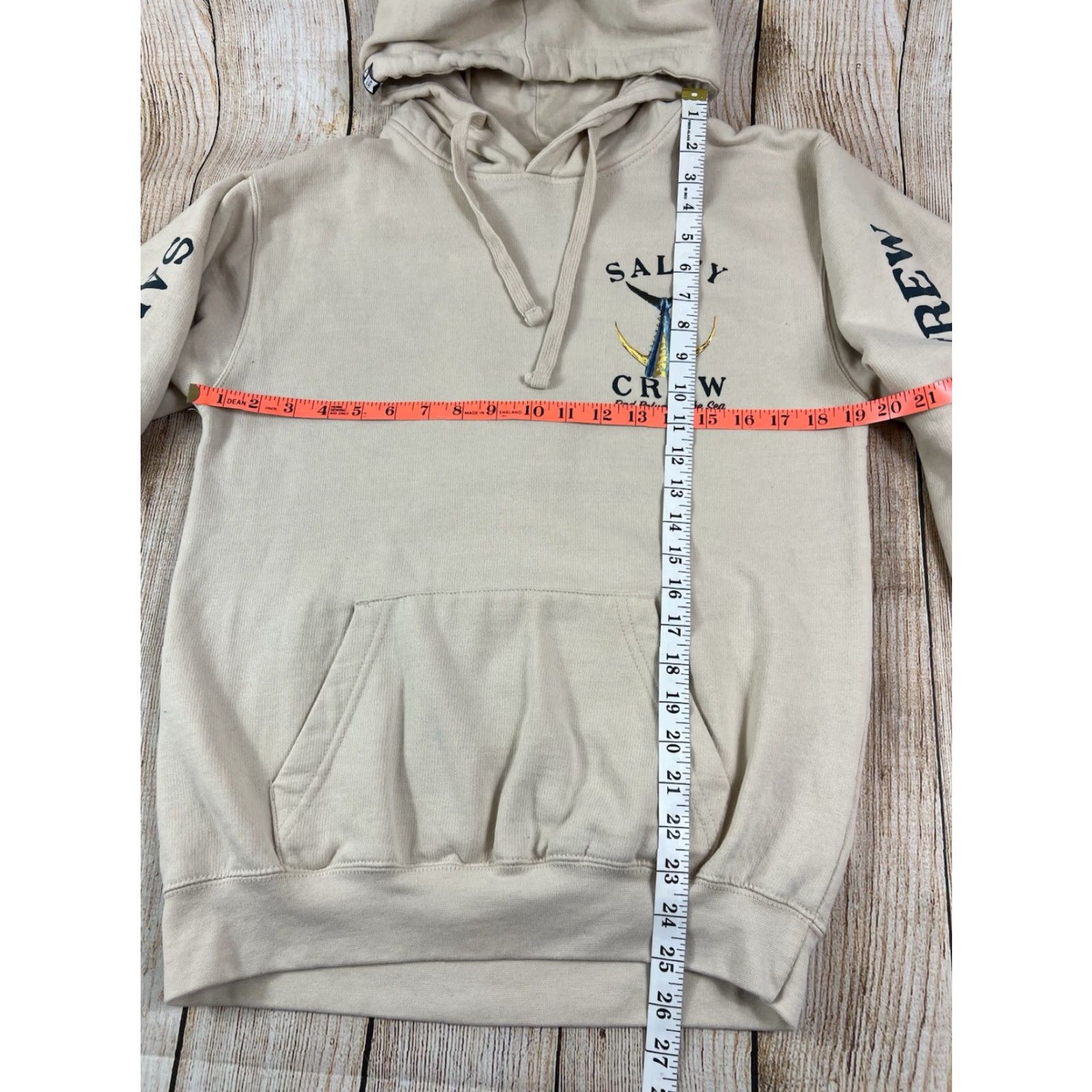 Vintage Salty Crew Hoodie Small Tan Beige Pullover Fleece Hooded Graphic Print Pockets Logo Mens Size US S / EU 44-46 / 1 - 6 Thumbnail