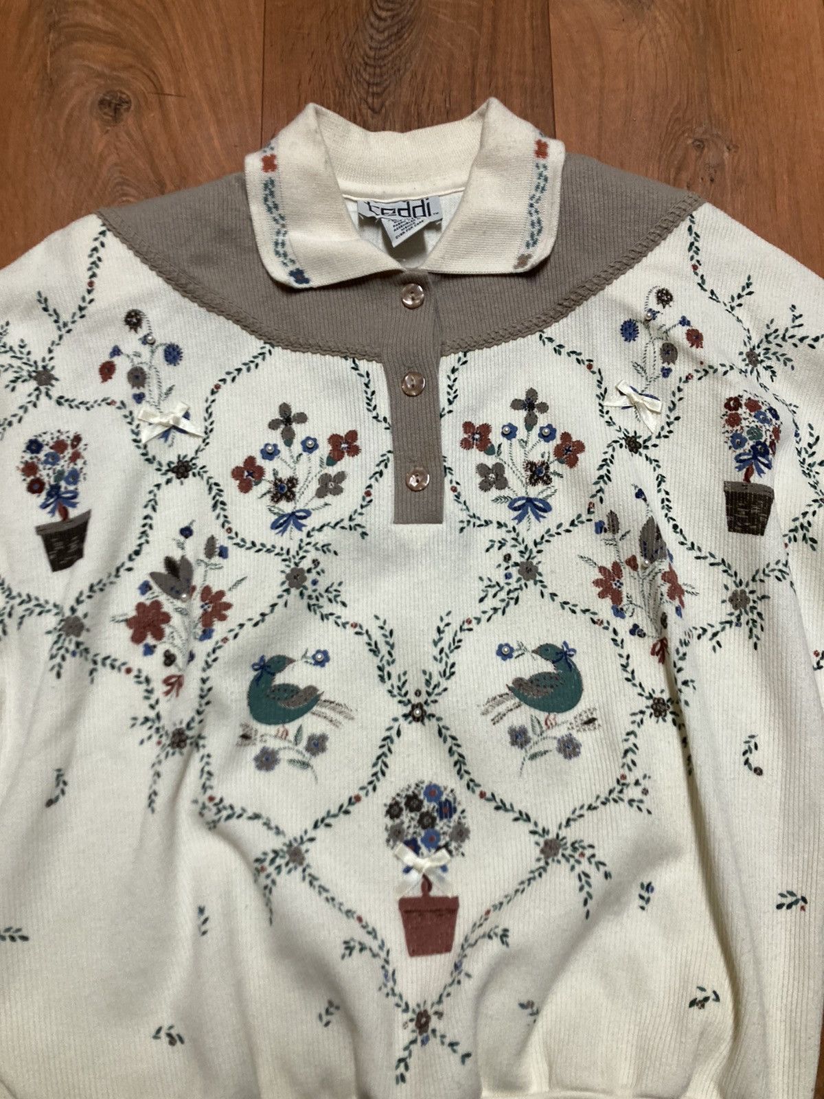 Teddy Fresh Vintage 80s TEDDI Floral Birds Knit Pullover Sweater MEDIUM Size M / US 6-8 / IT 42-44 - 2 Thumbnail